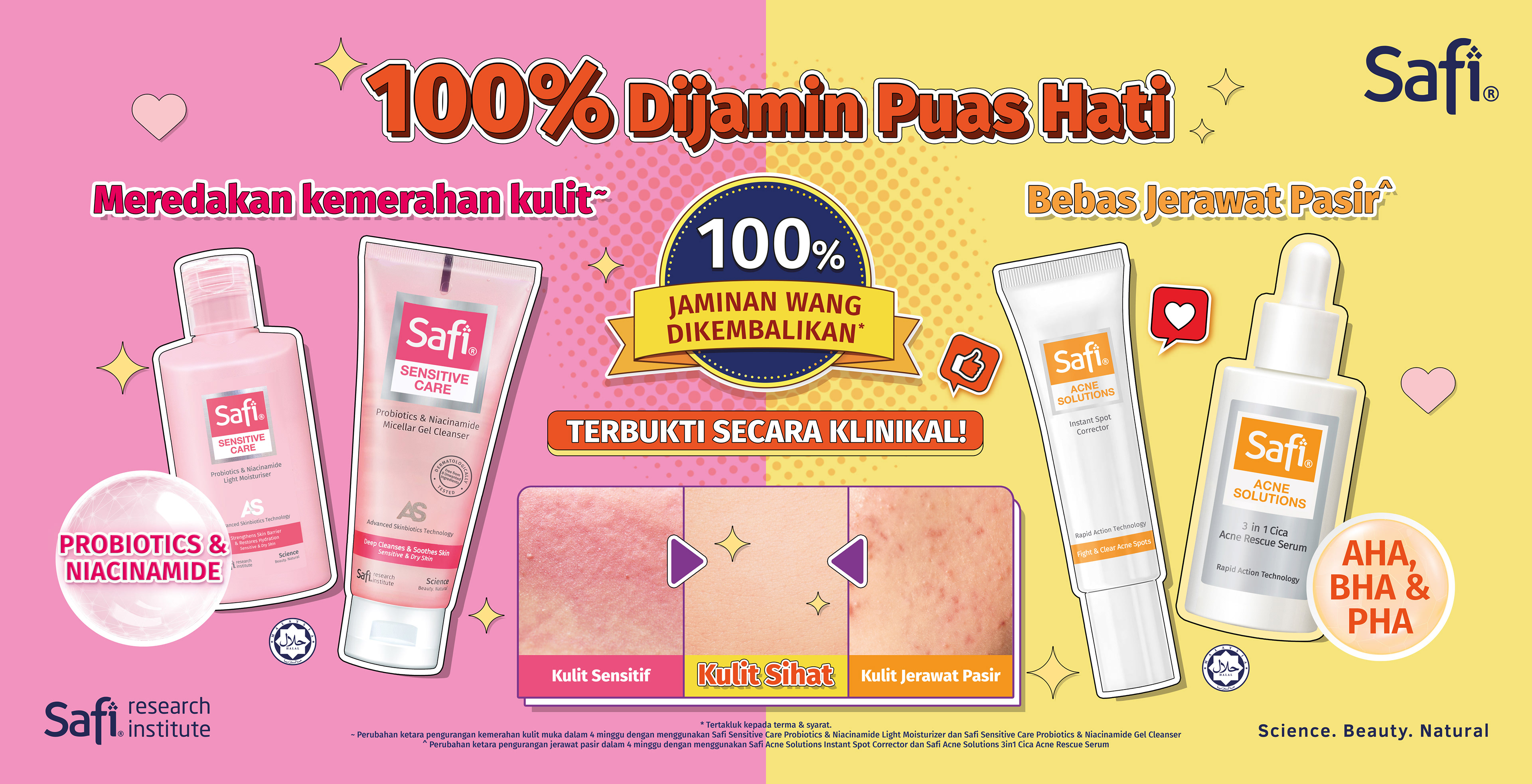 Safi Sensitive Care x Acne Solutions dual-range key visual — halal beauty FMCG campaign by Laugh Contagious Malaysia
