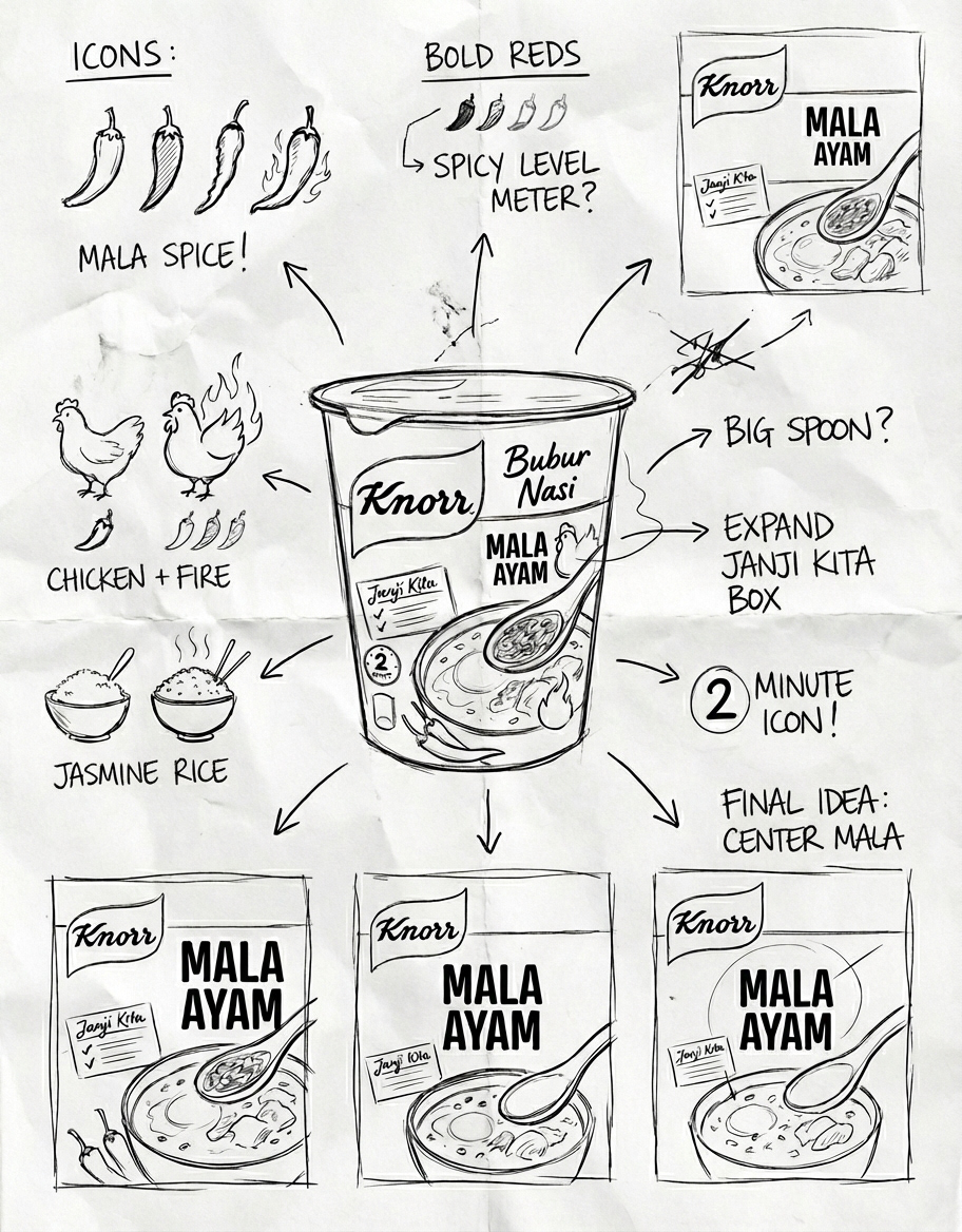 Knorr Mala Instant Porridge hand-sketched packaging ideation board — packaging concept development by Laugh Contagious Malaysia