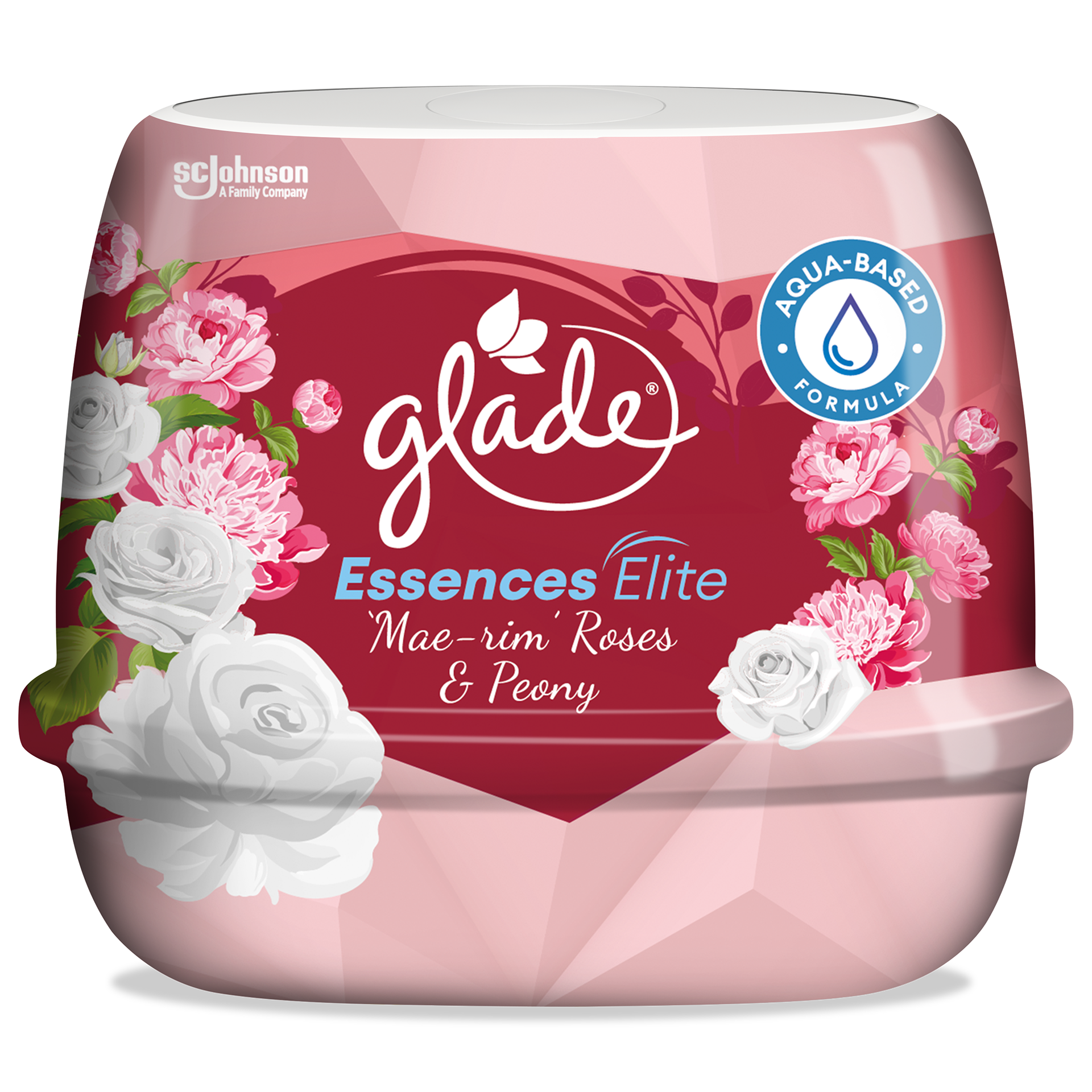 'Mae-rim' Roses & Peony Scented Gel — the rose gardens of Mae Rim, Chiang Mai, illustrated through clusters of pink and white roses against a deep burgundy faceted background.