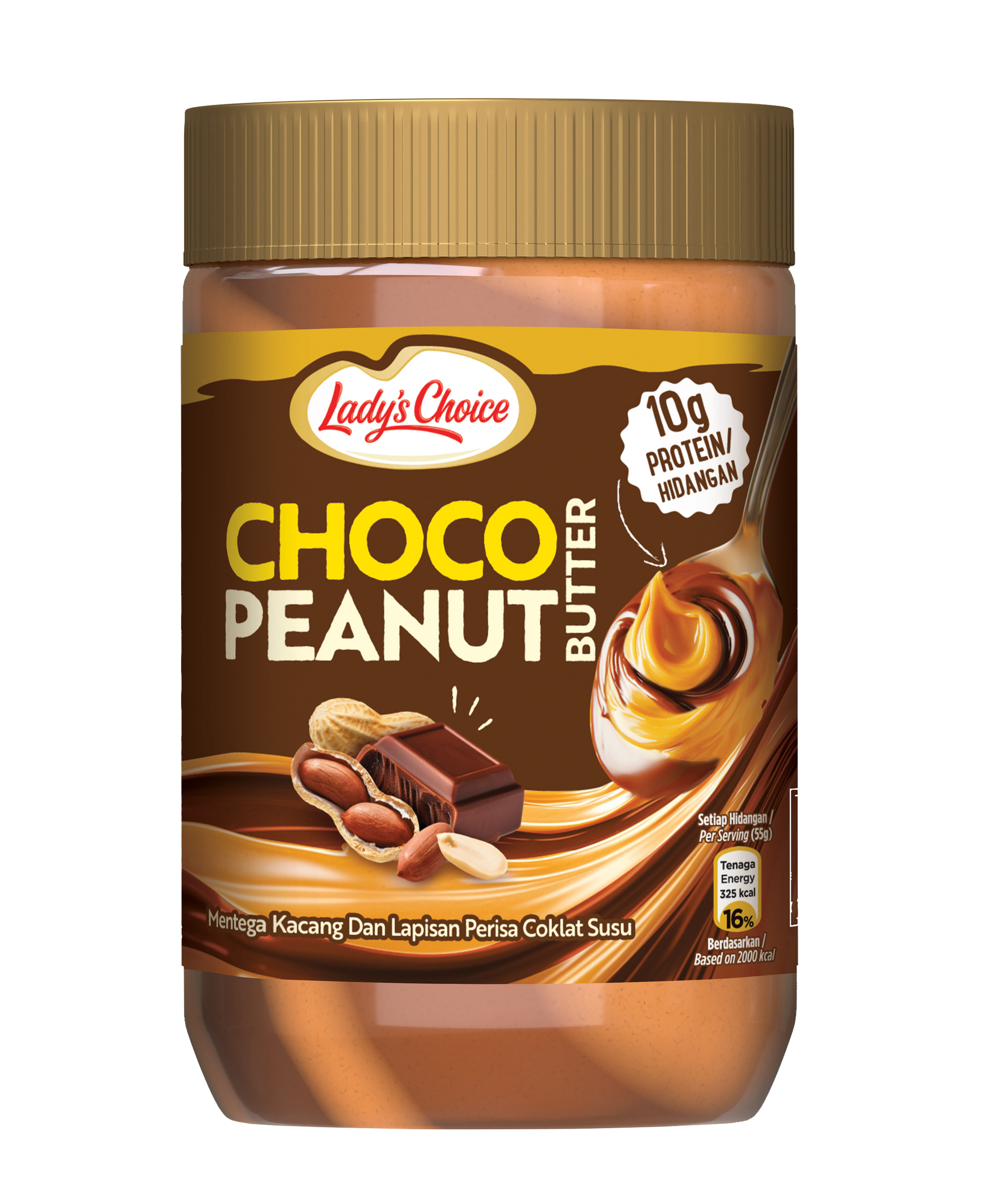 Choco Peanut Butter — chocolate-brown banner, 10g Protein per Serving, with the swirl illustration showing the peanut-and-chocolate cross-section mid-pour.