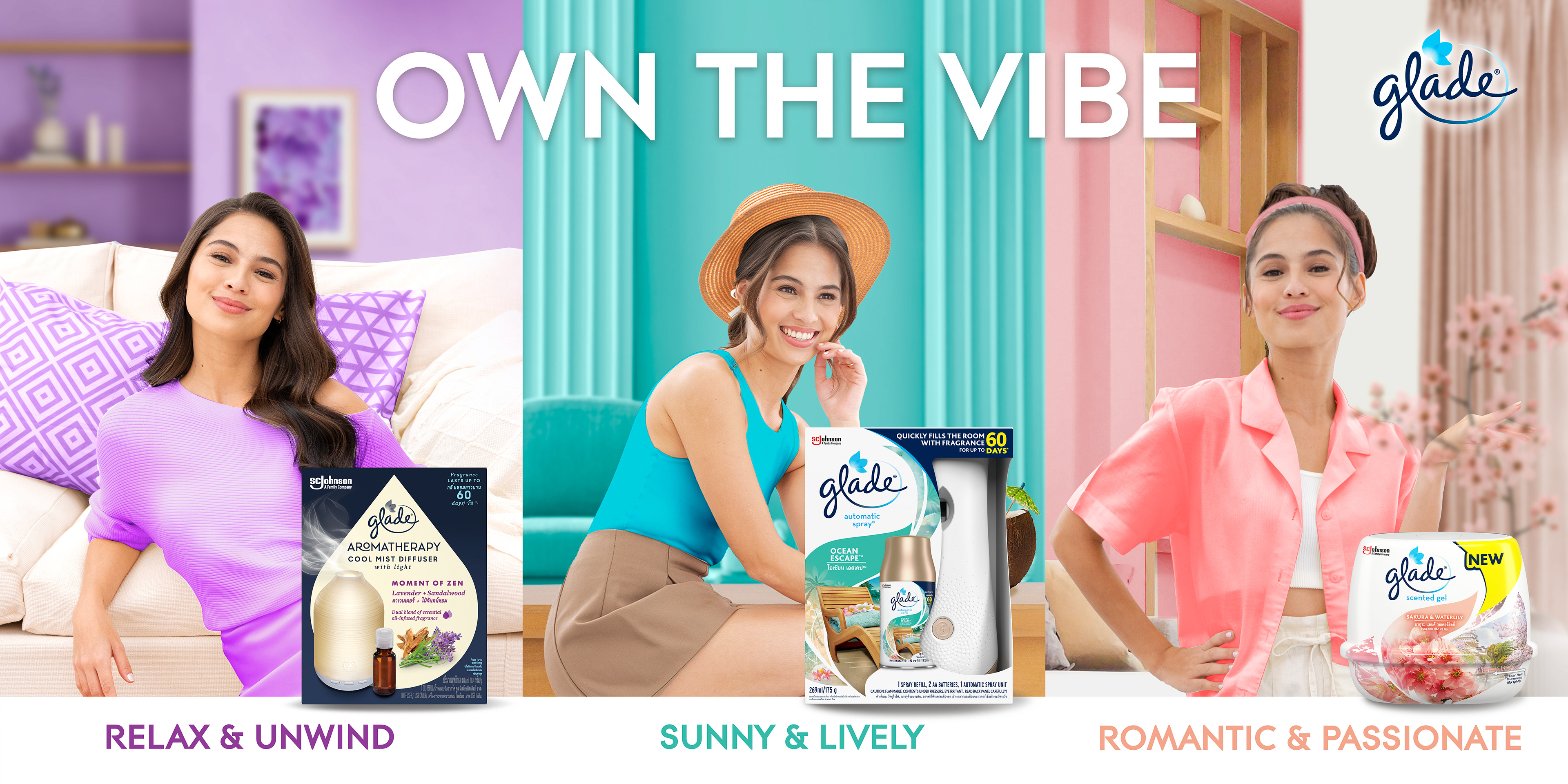 Glade Own The Vibe World Fragrance Day 2023 hero campaign key visual with three female ambassadors — home fragrance FMCG campaign by Laugh Contagious Communications, creative agency in Kuala Lumpur