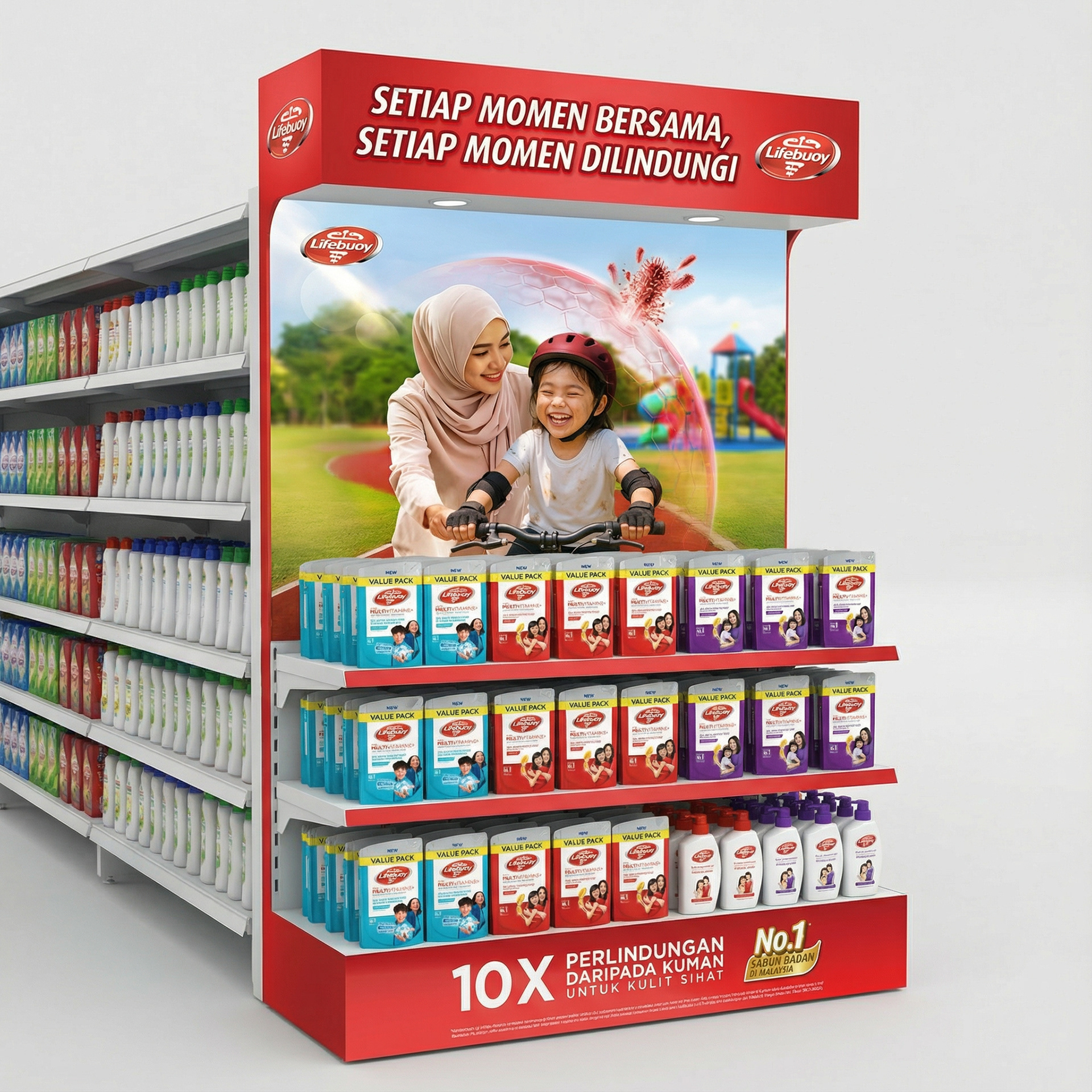Lifebuoy in-store POSM and retail display — hygiene FMCG shopper marketing Kuala Lumpur