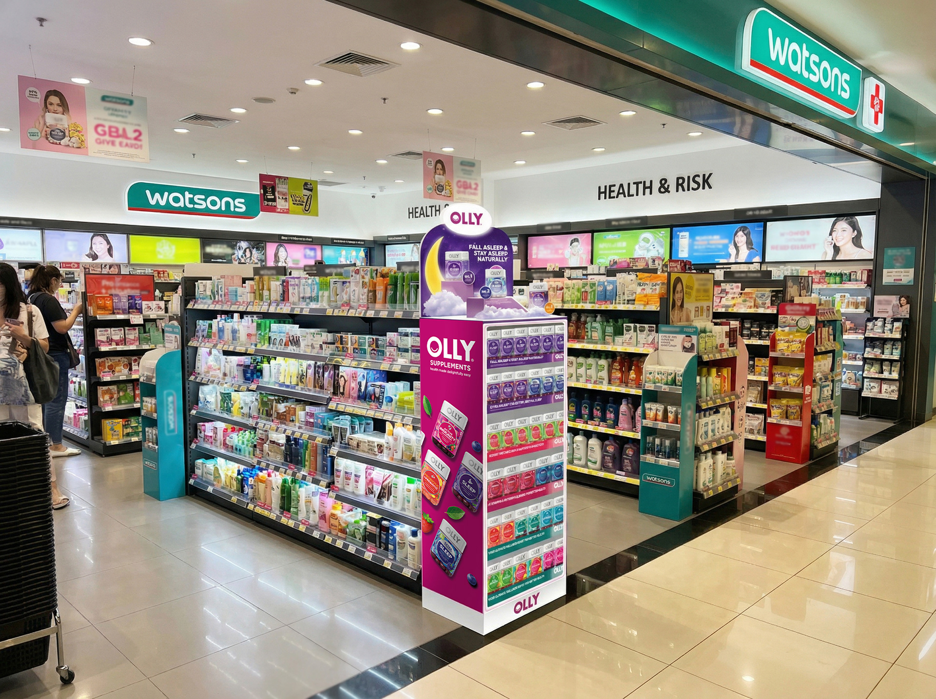 OLLY Sleep Gummy standee deployed at Watsons Singapore pharmacy — wellness retail POSM by creative agency Kuala Lumpur