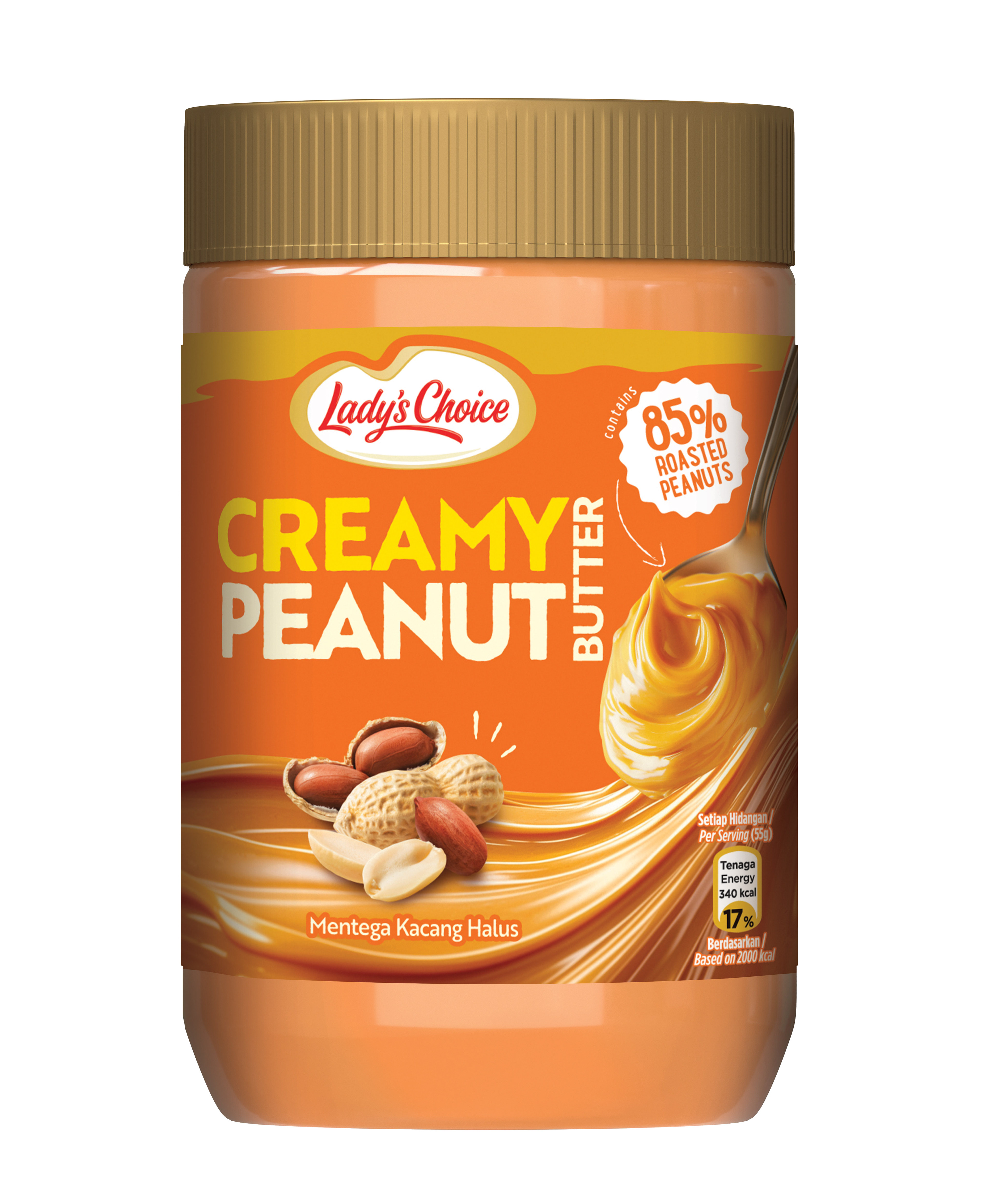 Creamy Peanut Butter — orange banner, 85% Roasted Peanuts honest-ingredient hero claim, with the smooth swirl illustration showing the spoon-pull texture in motion.