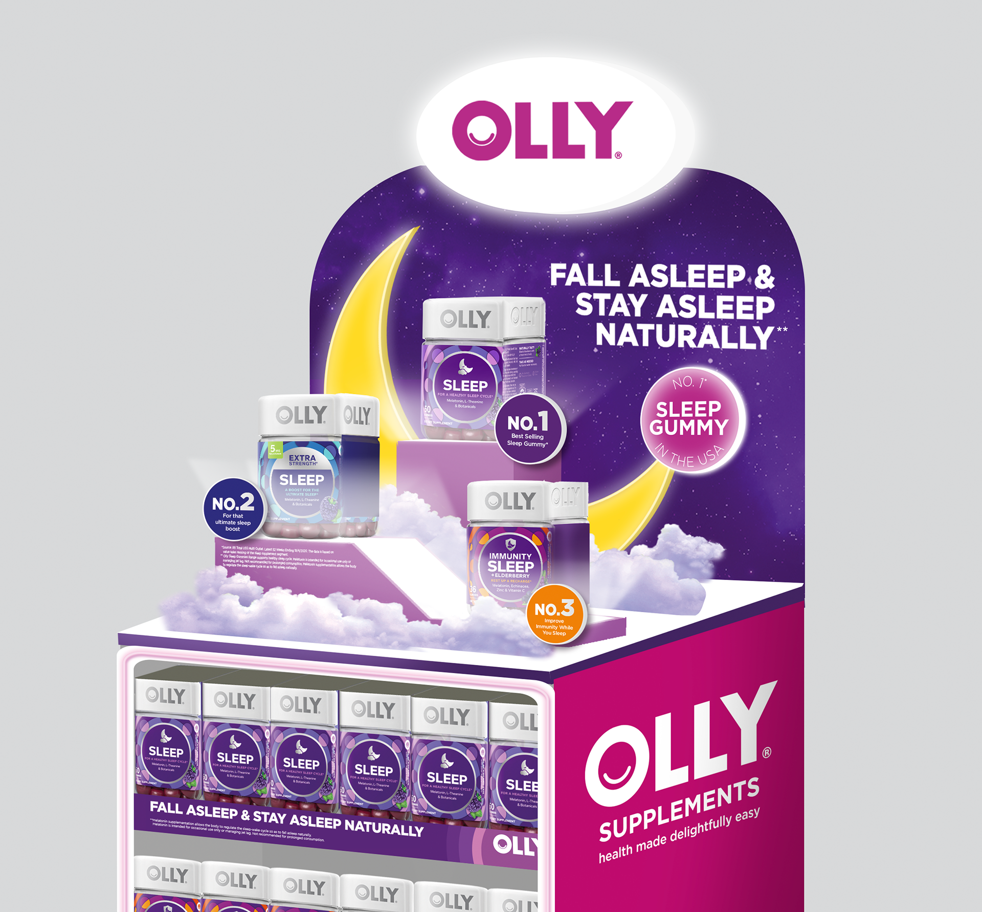 OLLY Sleep Gummy standee hero topper with NO.1 Sleep Gummy in the USA trust badge — wellness pharmacy POSM by Laugh Contagious Communications, creative agency in Kuala Lumpur