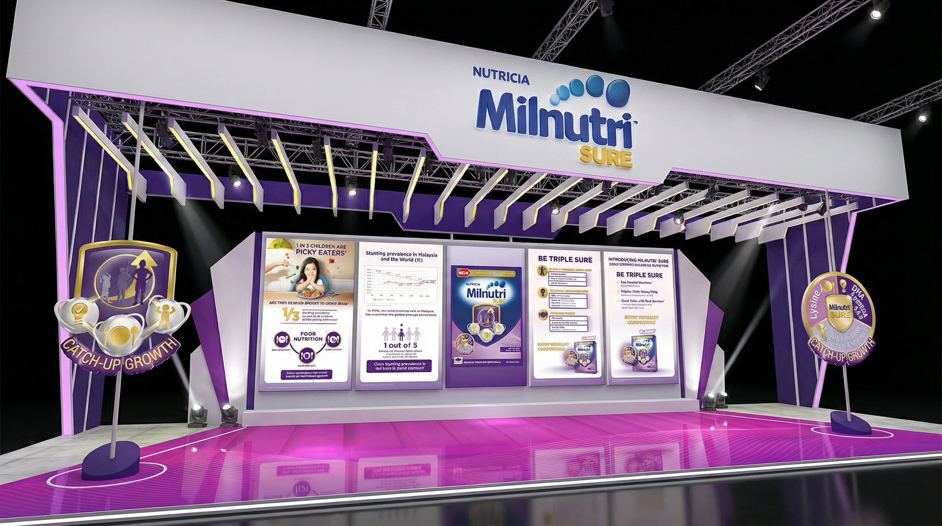 Milnutri Sure educational exhibition stage with pediatric nutrition science panels — healthcare exhibition booth design by Laugh Contagious Malaysia