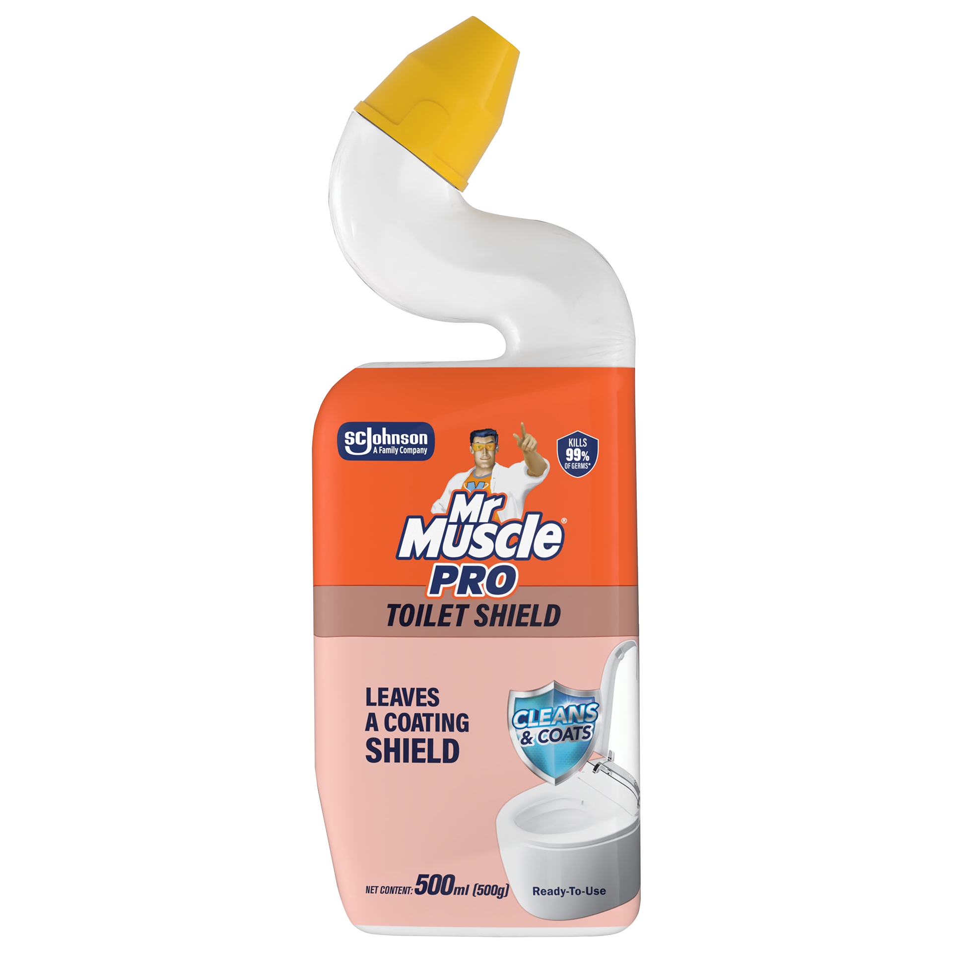 Toilet Shield — Cleans & Coats, with a protective-shield cue heroing the leave-behind coating benefit.