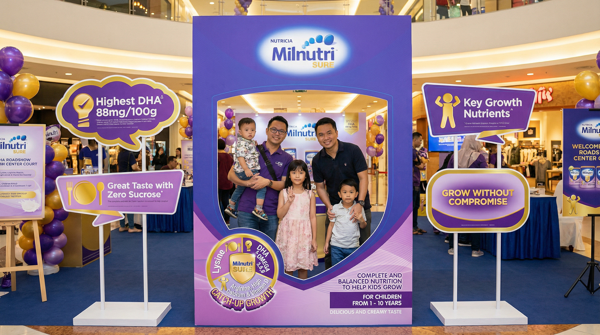 Milnutri Sure DHA Roadshow at AEON Centre Court Malaysia with family photo cutout — pediatric nutrition shopper marketing by Laugh Contagious Communications, creative agency in Kuala Lumpur