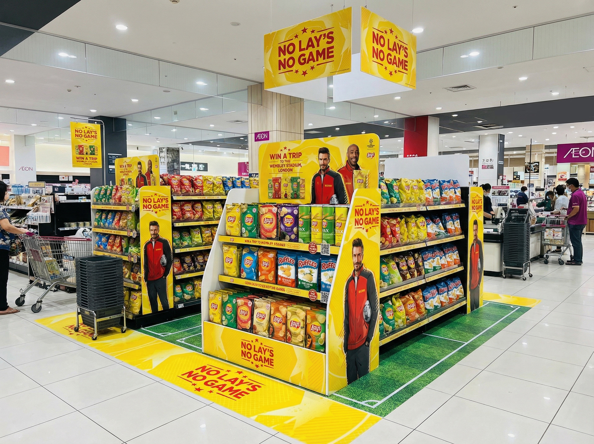 Lay's UCL 2024 No Lay's No Game checkout-zone activation at AEON Malaysia with football-pitch floor decals — sports sponsorship POSM by Laugh Contagious Malaysia