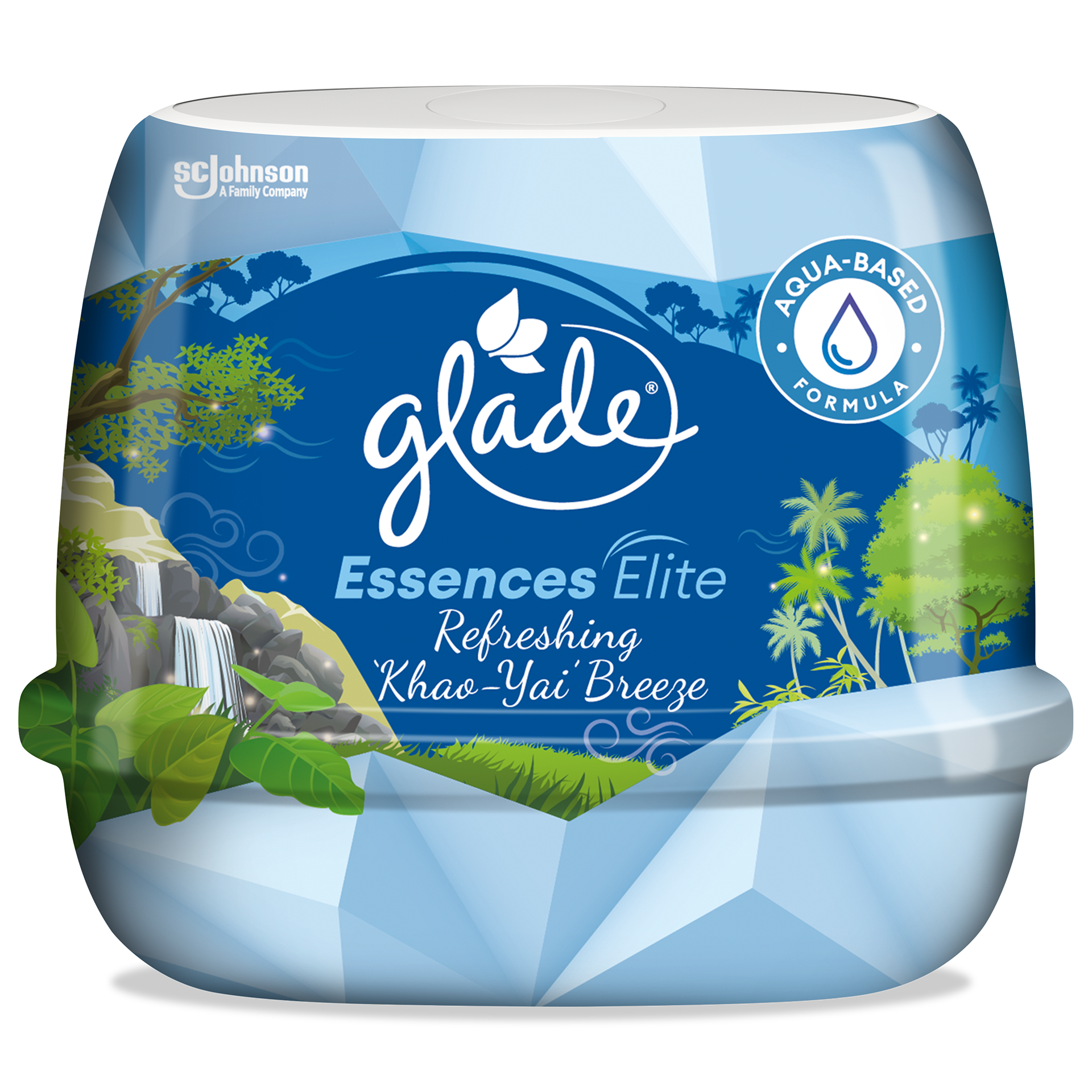Refreshing 'Khao-Yai' Breeze Scented Gel — Thailand's national park brought onto pack through waterfall cliffs, lush tropical foliage, and a fresh blue-and-green palette.