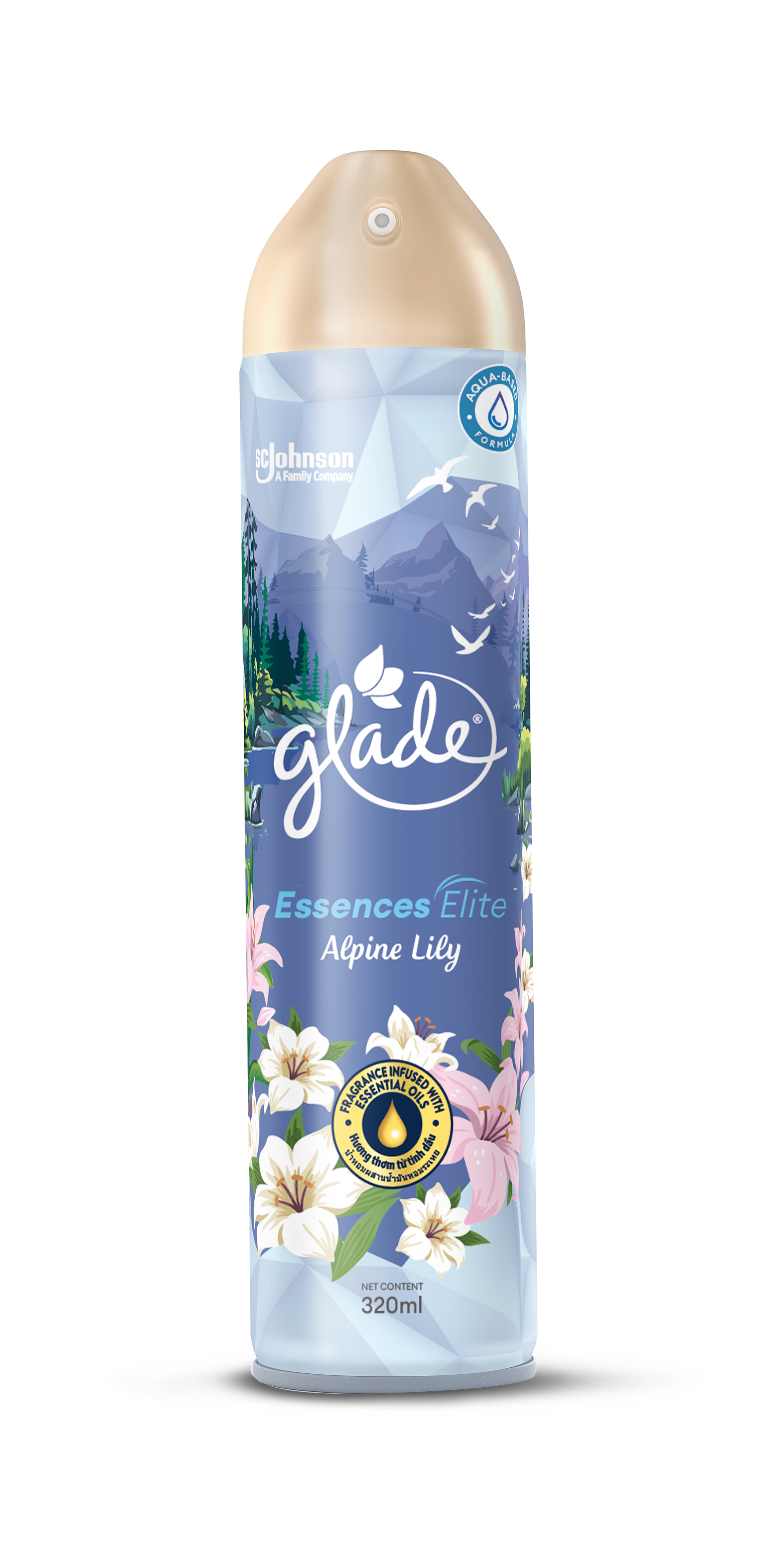 Alpine Lily Aerosol Spray — cool mountain silhouettes, soaring birds, and clusters of white alpine lilies against a serene blue gradient.