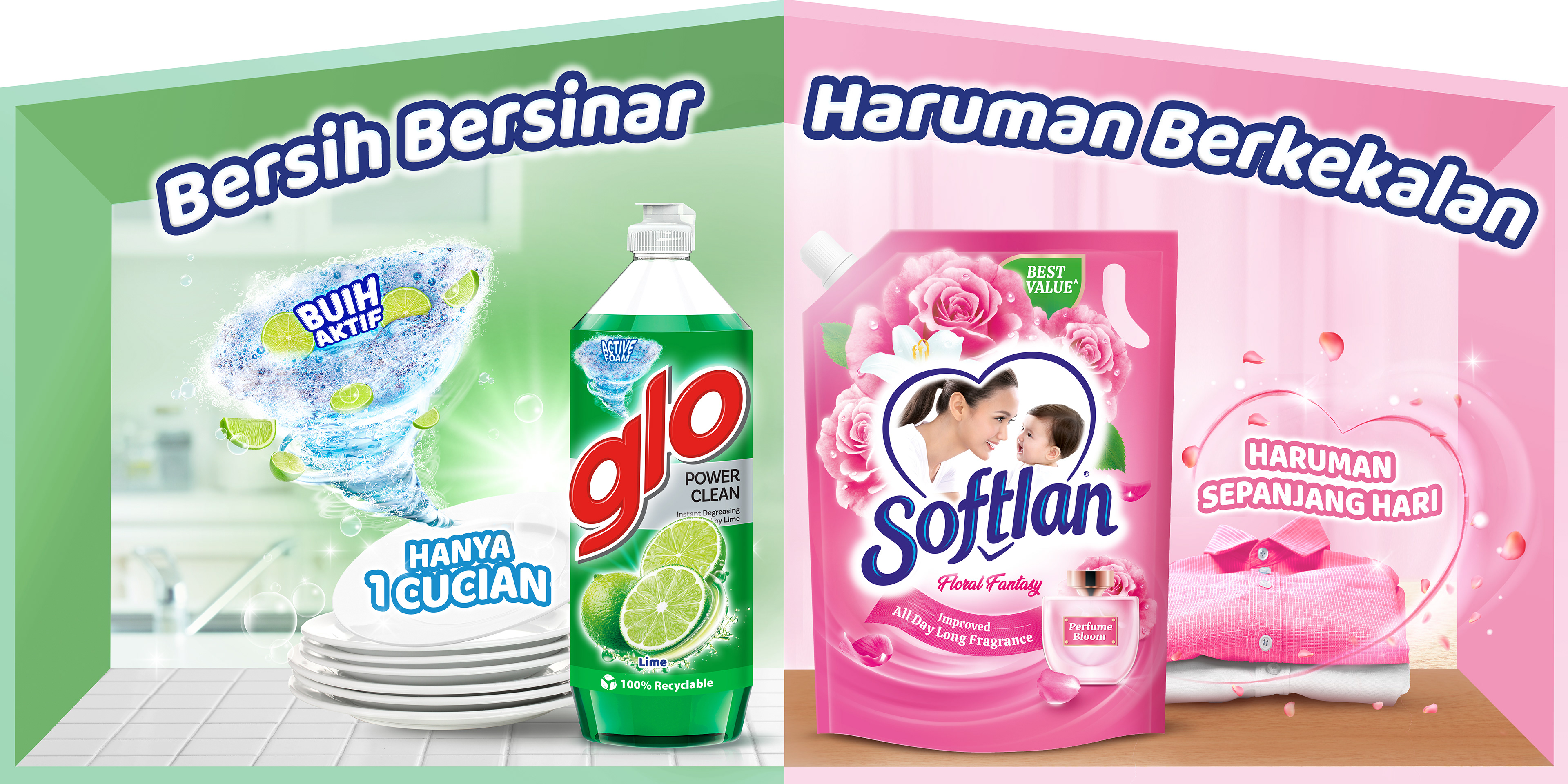 The hero key visual — soft natural palettes positioning Glo against the noisier visual default of the dishwashing aisle.