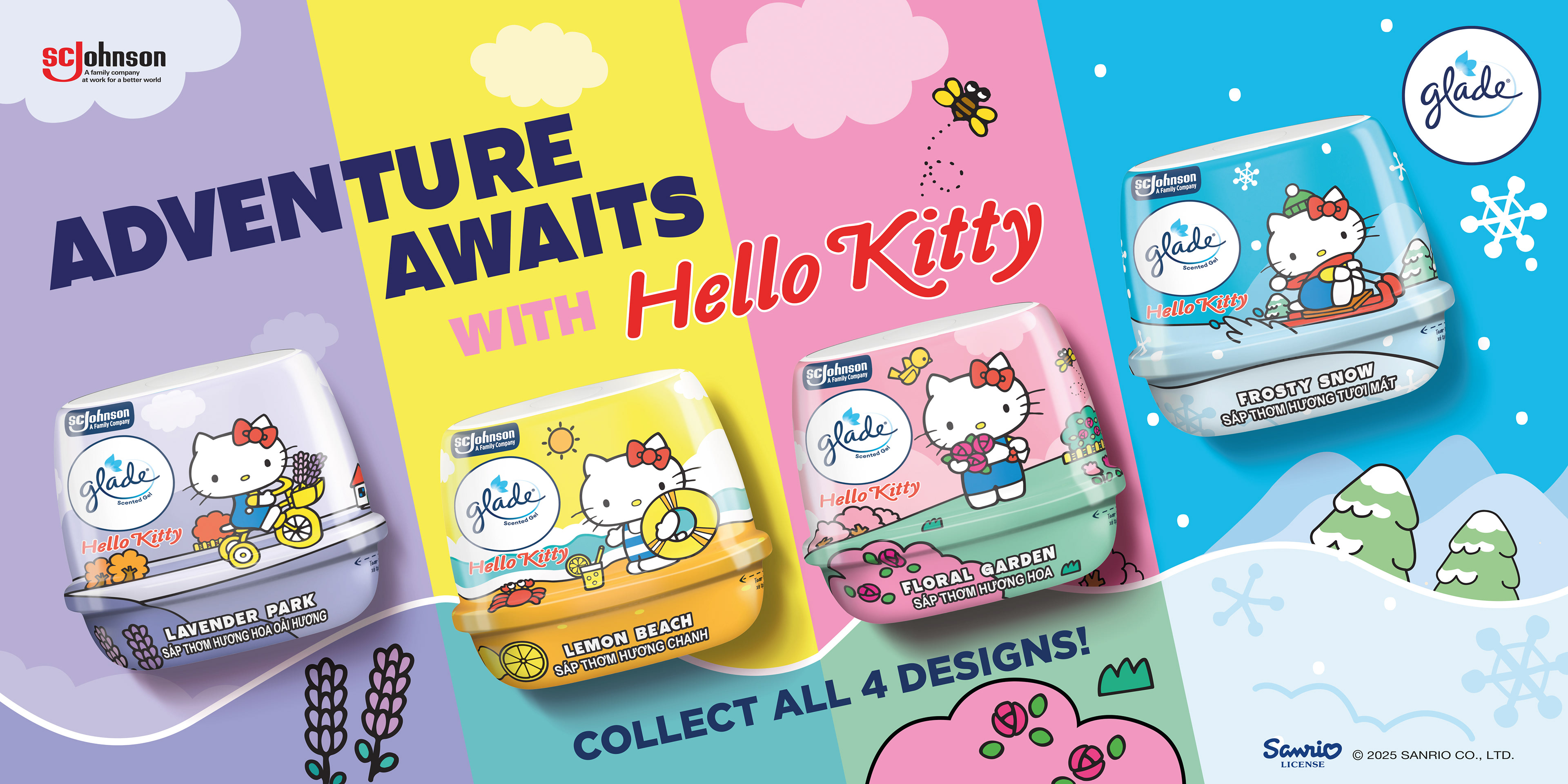 Glade x Hello Kitty Adventure Scented Gel campaign key visual — lifestyle-led FMCG campaign design Malaysia