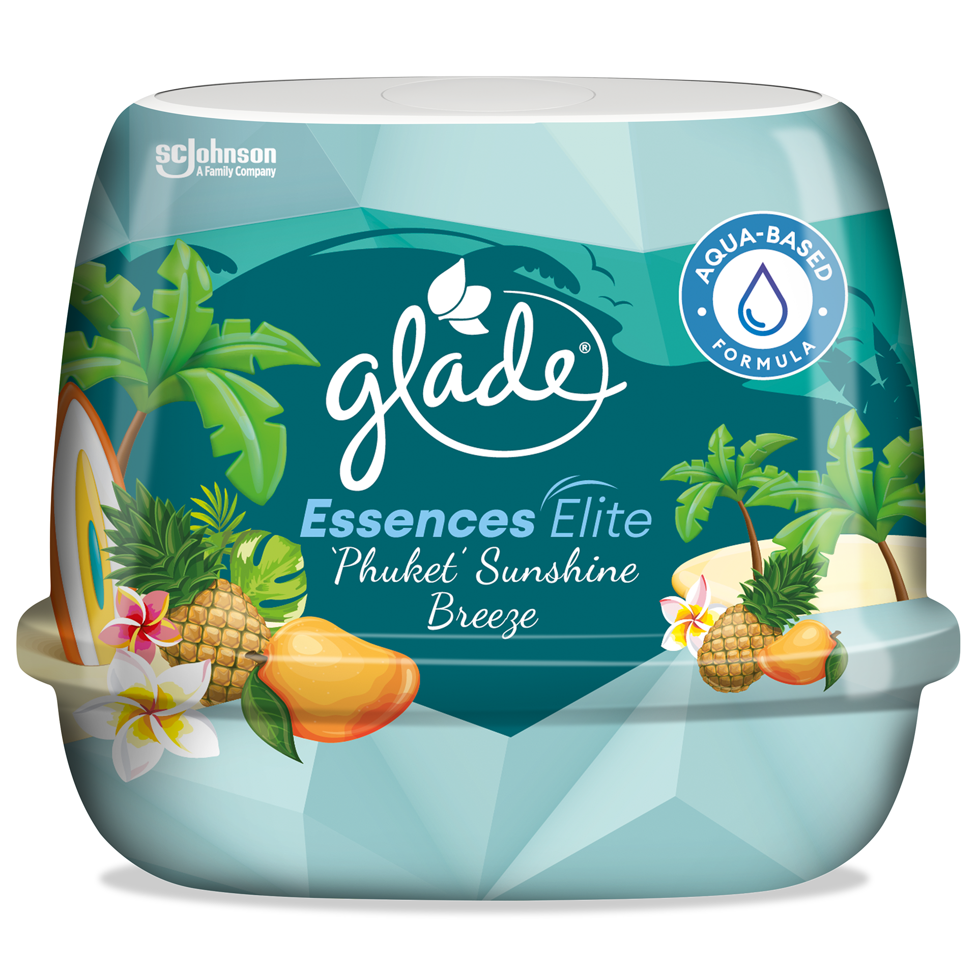'Phuket' Sunshine Breeze Scented Gel — the island's tropical sunshine illustrated through coconuts, mangoes, papayas, palms, and frangipani florals against a turquoise faceted background.