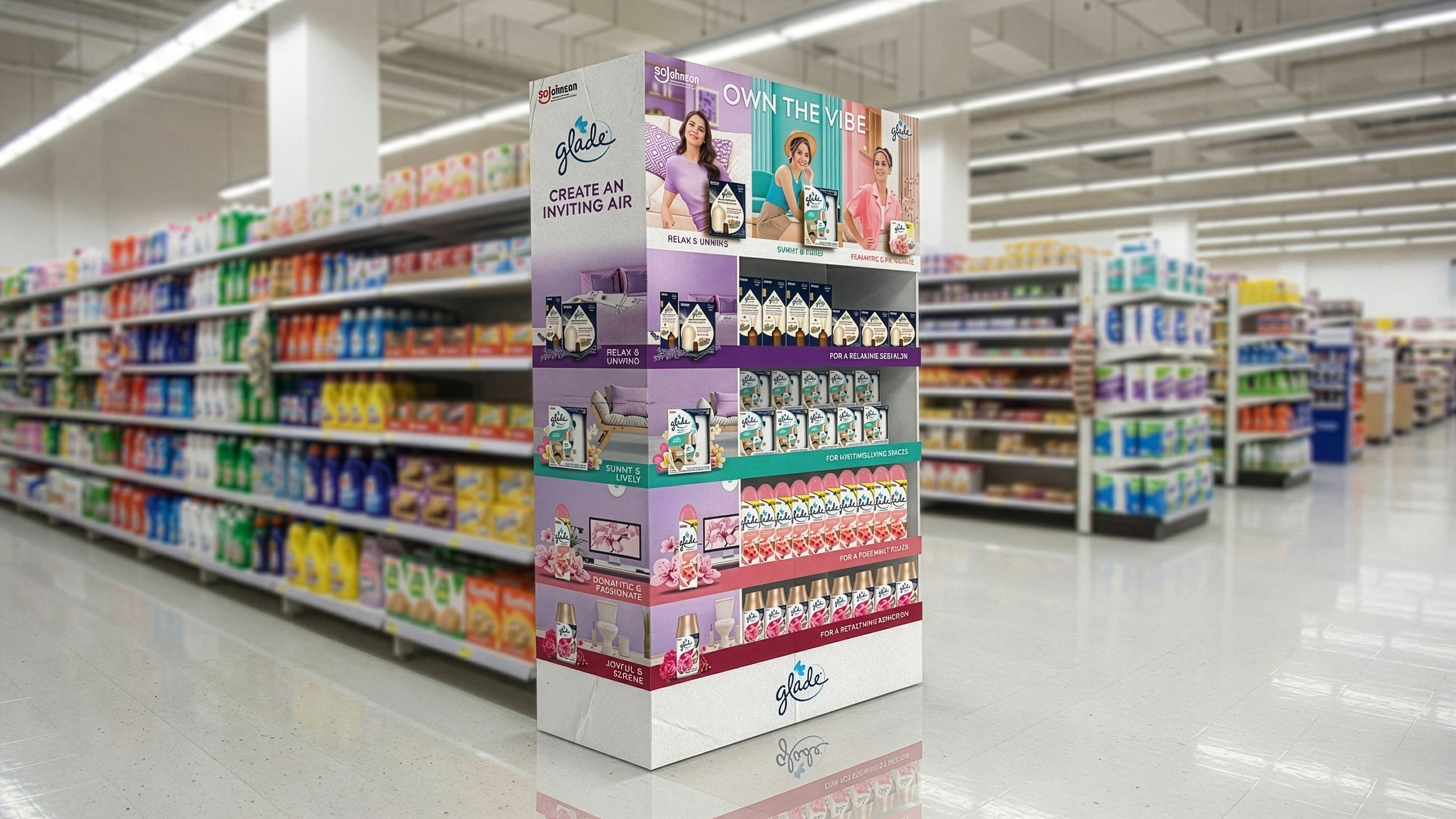 Glade Own The Vibe gondola end deployed in supermarket retail aisle — home fragrance shopper marketing POSM by creative agency Kuala Lumpur