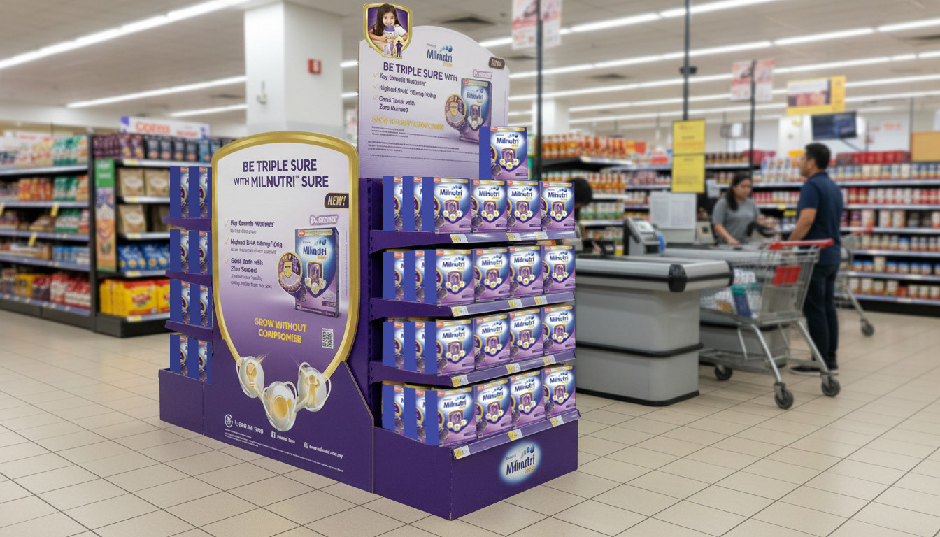 The in-store floor stack — bulk visibility on the supermarket floor, with Be Triple Sure communication and the full benefit pillar stack.