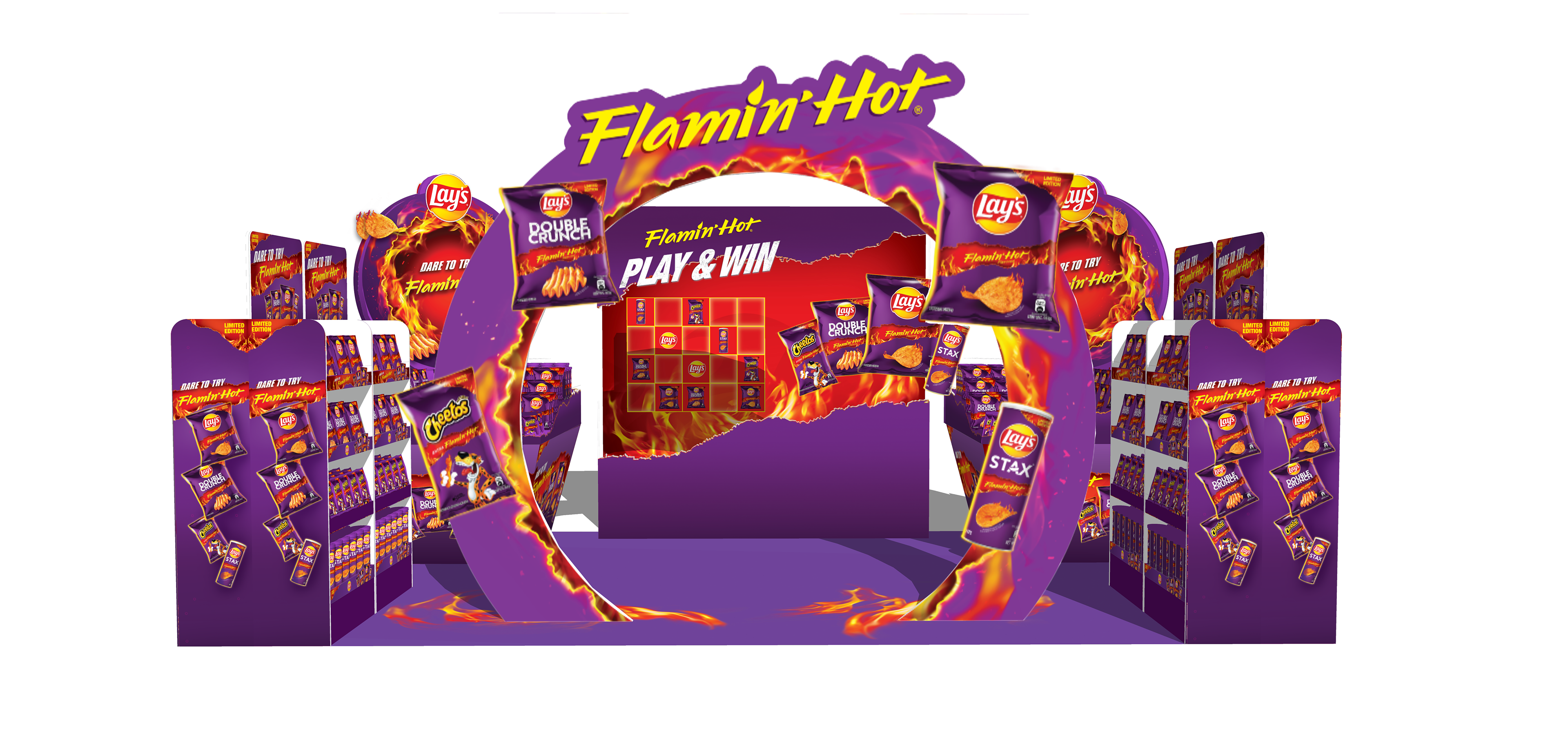 Lay's Dare to Try Flamin' Hot mall activation design render — multi-brand POSM by Laugh Contagious Communications, creative agency in Kuala Lumpur