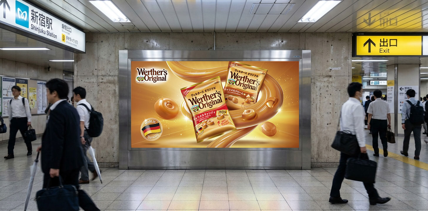 Werther's Original Japan OOH wallscape at Shinjuku Station Tokyo — transit advertising by creative agency Kuala Lumpur