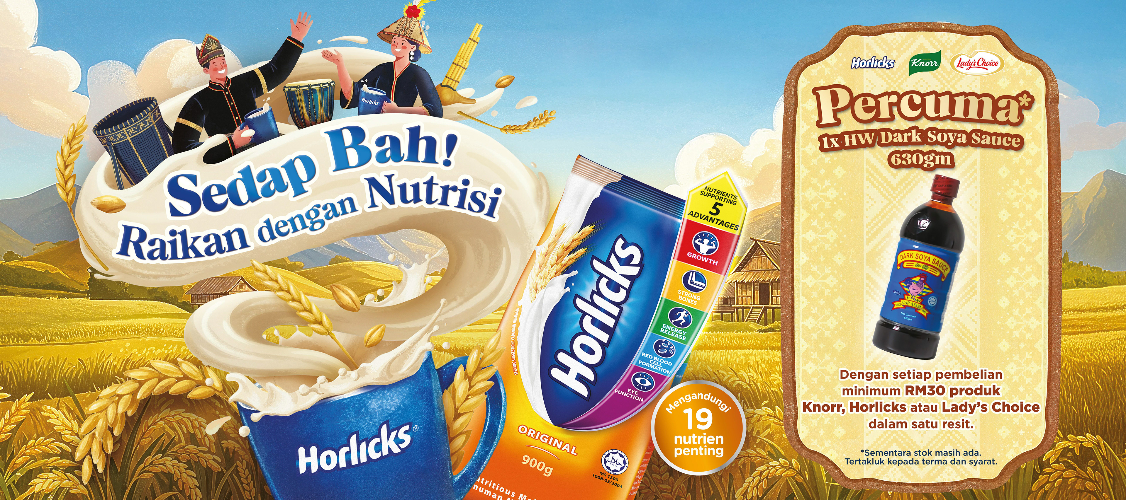 Horlicks Pesta Kaamatan festive key visual — illustrated Kadazan-Dusun figures in traditional dark dress with gold trim and woven hats, celebrating with Horlicks mugs above a swirl of malted milk and barley, set over Borneo padi fields with a longhouse and highlands. Tagline "Sedap Bah! Raikan dengan Nutrisi." 