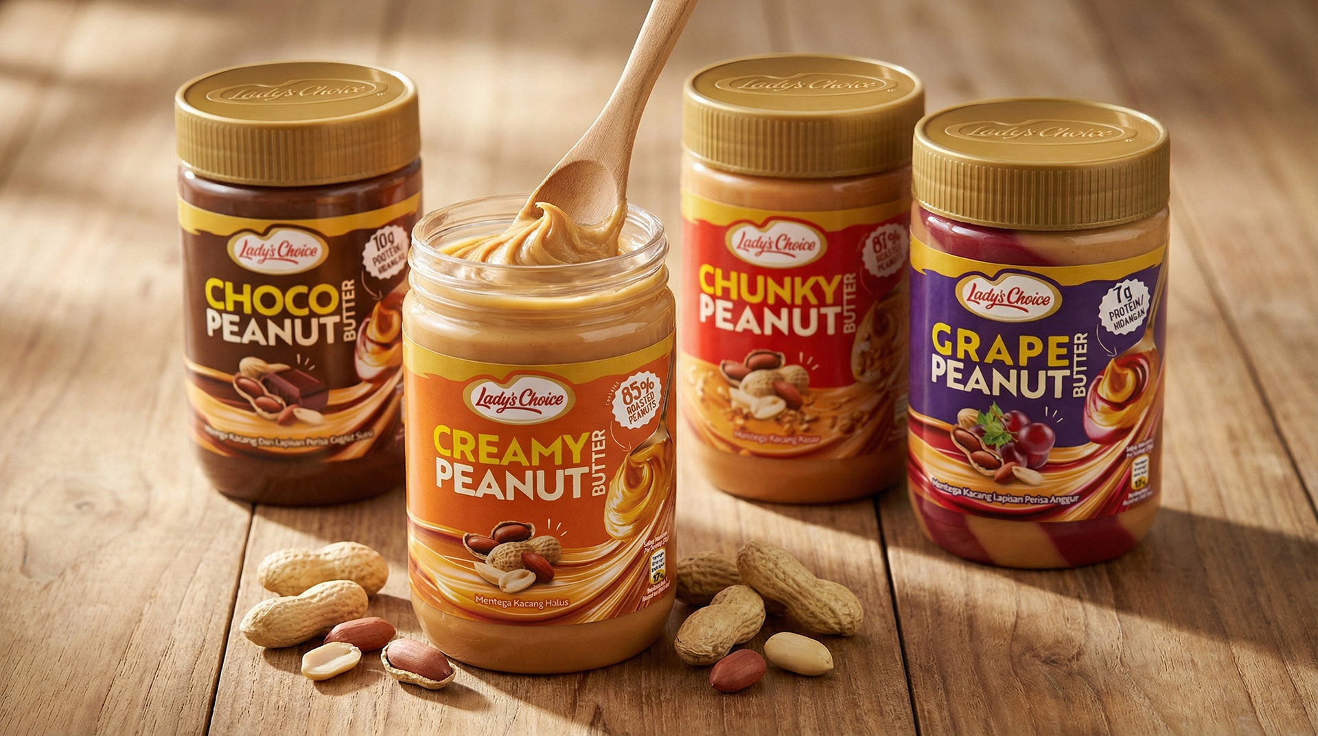 Lady's Choice Peanut Butter packaging revamp full four-variant range hero shot — multi-variant food pack design by Laugh Contagious Communications, creative agency in Kuala Lumpur