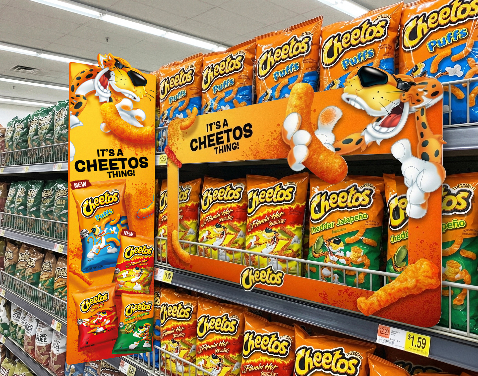 Cheetos It's a Cheetos Thing shelf-edge talker and wing card POSM — snack shelf-edge design by Laugh Contagious Communications, creative agency in Kuala Lumpur