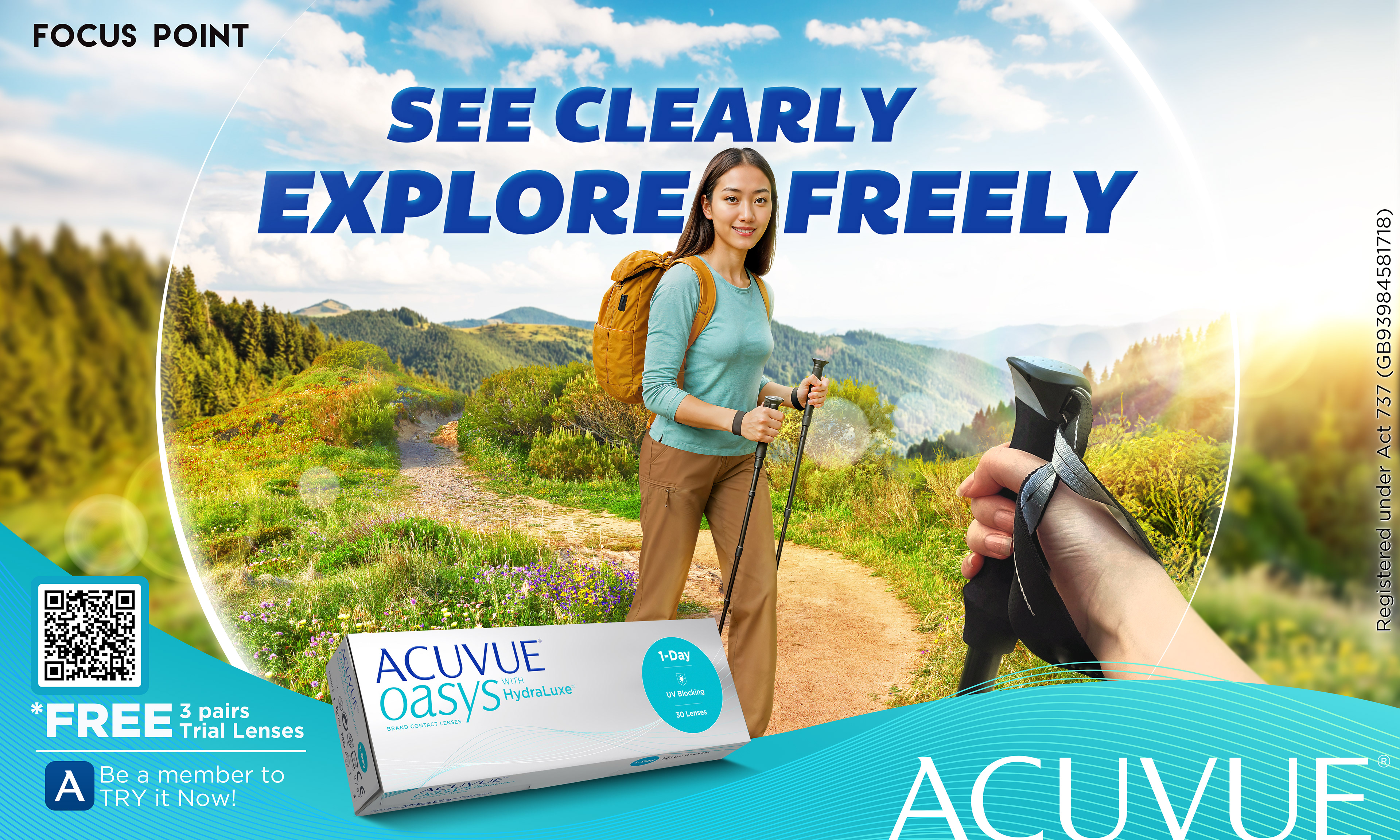 The hero key visual — ACUVUE's premium positioning and Focus Point's retail trust held in equal respect.