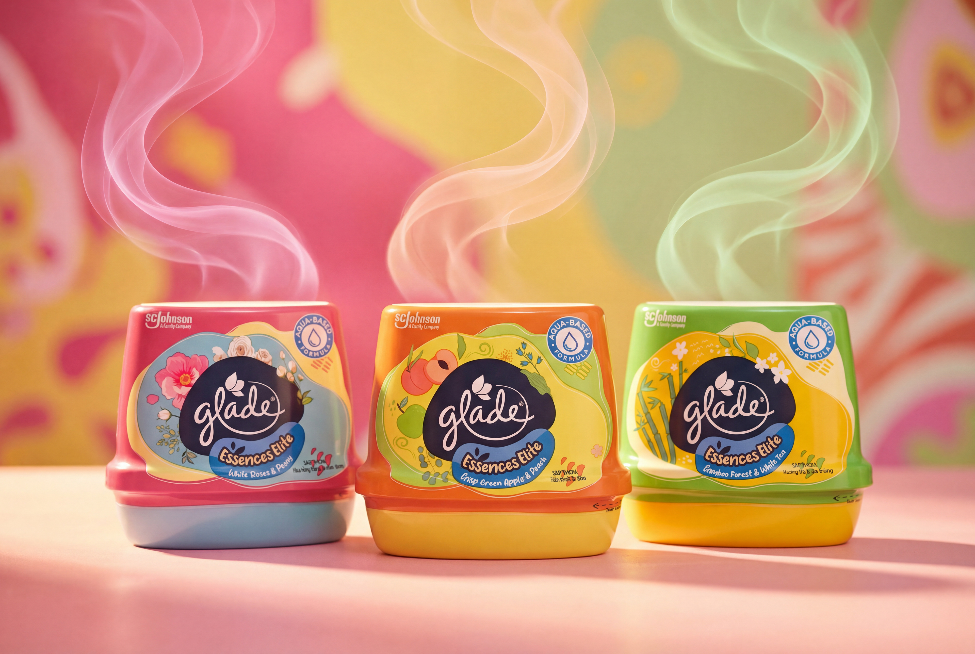 Glade Essences Elite scented gel air fresheners — three variants (White Roses & Peony, Crisp Green Apple & Peach, Bamboo Forest & White Tea) in a row with coloured scent trails rising from each, against a soft pastel floral backdrop. SC Johnson premium home fragrance packaging design.
