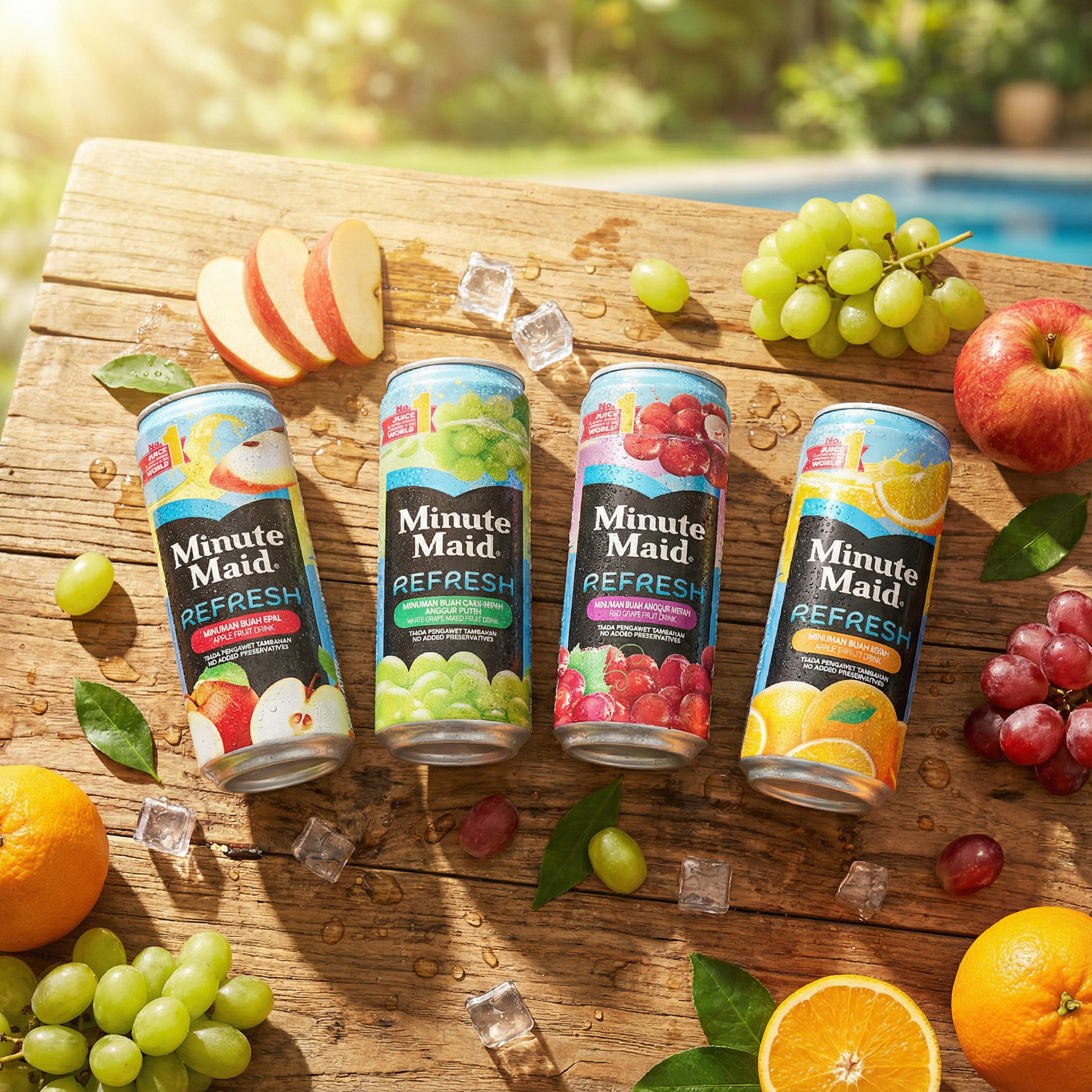 Minute Maid Refresh full slim-can range hero shot with fresh fruit in outdoor setting — juice drink packaging design by Laugh Contagious Communications, creative agency in Kuala Lumpur