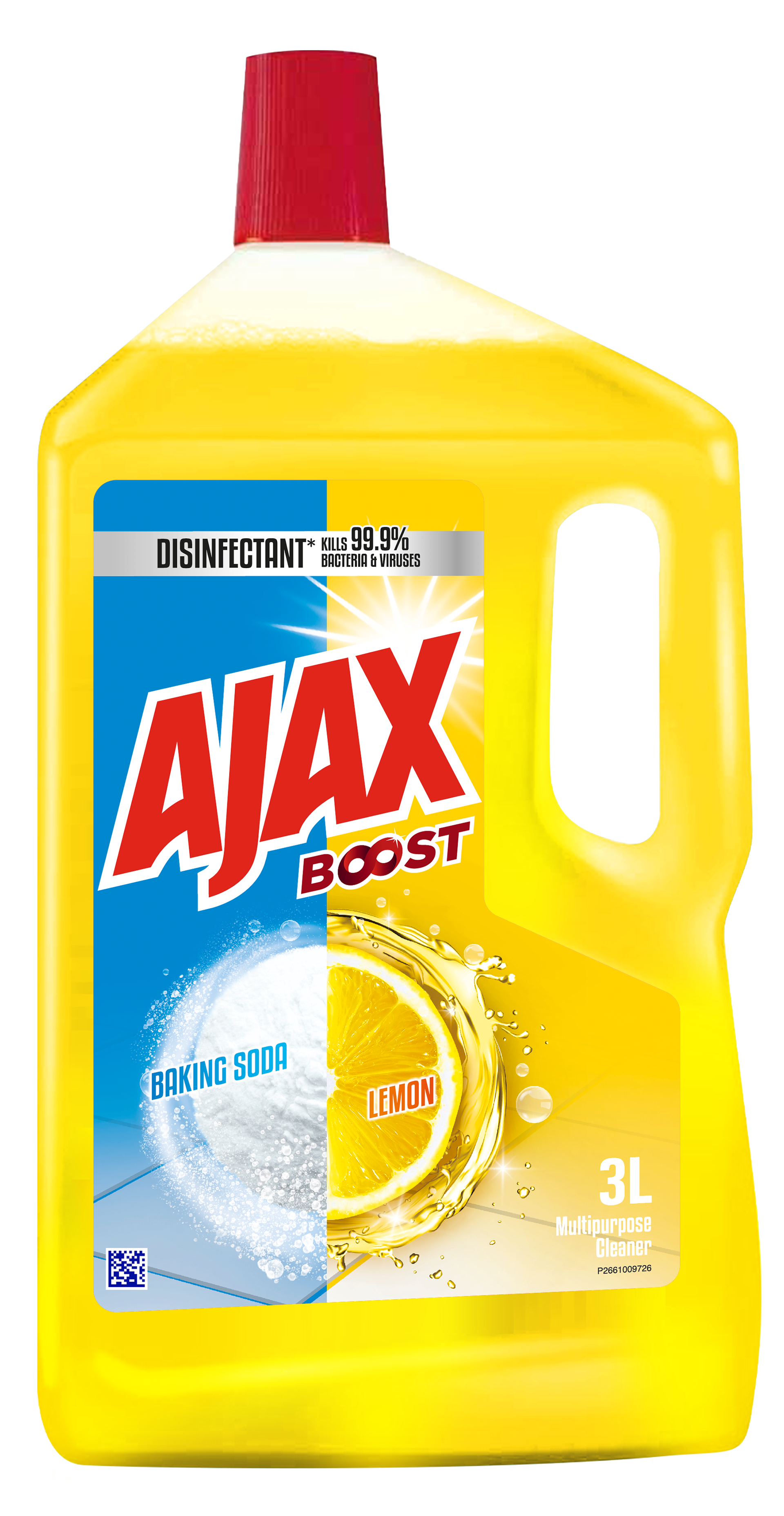 Ajax Boost Baking Soda + Lemon multipurpose cleaner, 3L yellow handled bottle with a red cap, front view. The vertically split label shows blooming baking soda on a blue field and a lemon slice mid-splash on a yellow field, with the bold red Ajax logo and starburst, the "Boost" sub-brand, a "Disinfectant — kills 99.9% bacteria and viruses" banner and "3L Multipurpose Cleaner." Colgate-Palmolive home care packaging, Malaysia.
