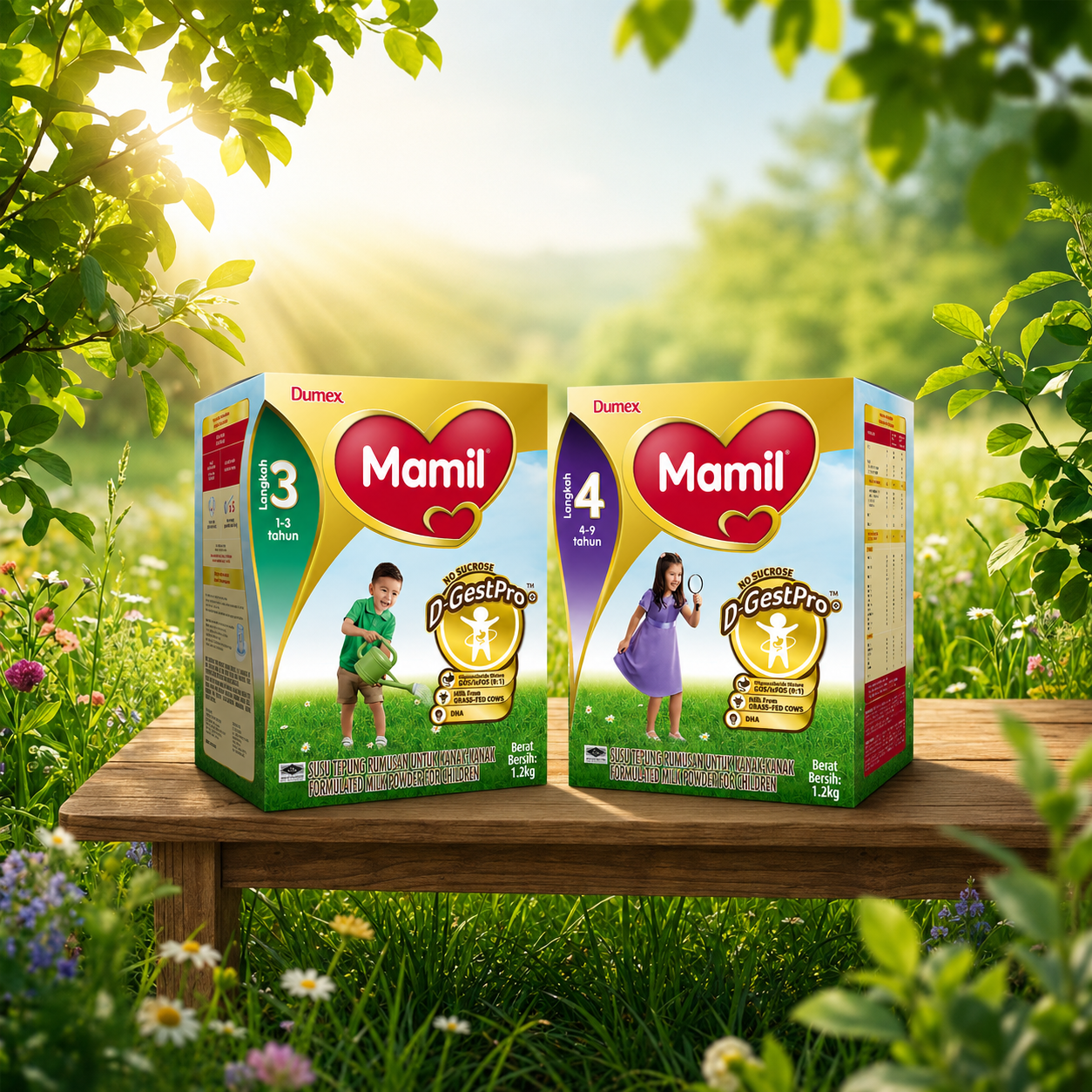 Two Mamil growing-up milk cartons — Step 3 (green, ages 1–3) and Step 4 (purple, ages 4–9) — side by side on a wooden bench in a sunlit wildflower meadow. Each box shows the Dumex Mamil red heart logo, an age-matched child, the No Sucrose D-GestPro benefit lockup and "Formulated Milk Powder for Children, 1.2kg." Danone Dumex children's nutrition packaging design, Malaysia.