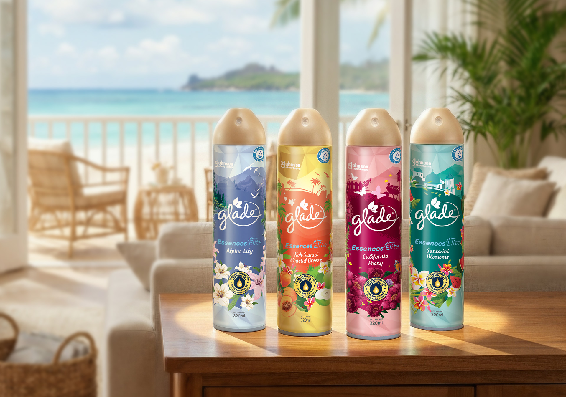 Glade Essences Elite Thailand Aerosol Sprays range hero shot in coastal-home lifestyle setting — premium air care packaging by Laugh Contagious Malaysia