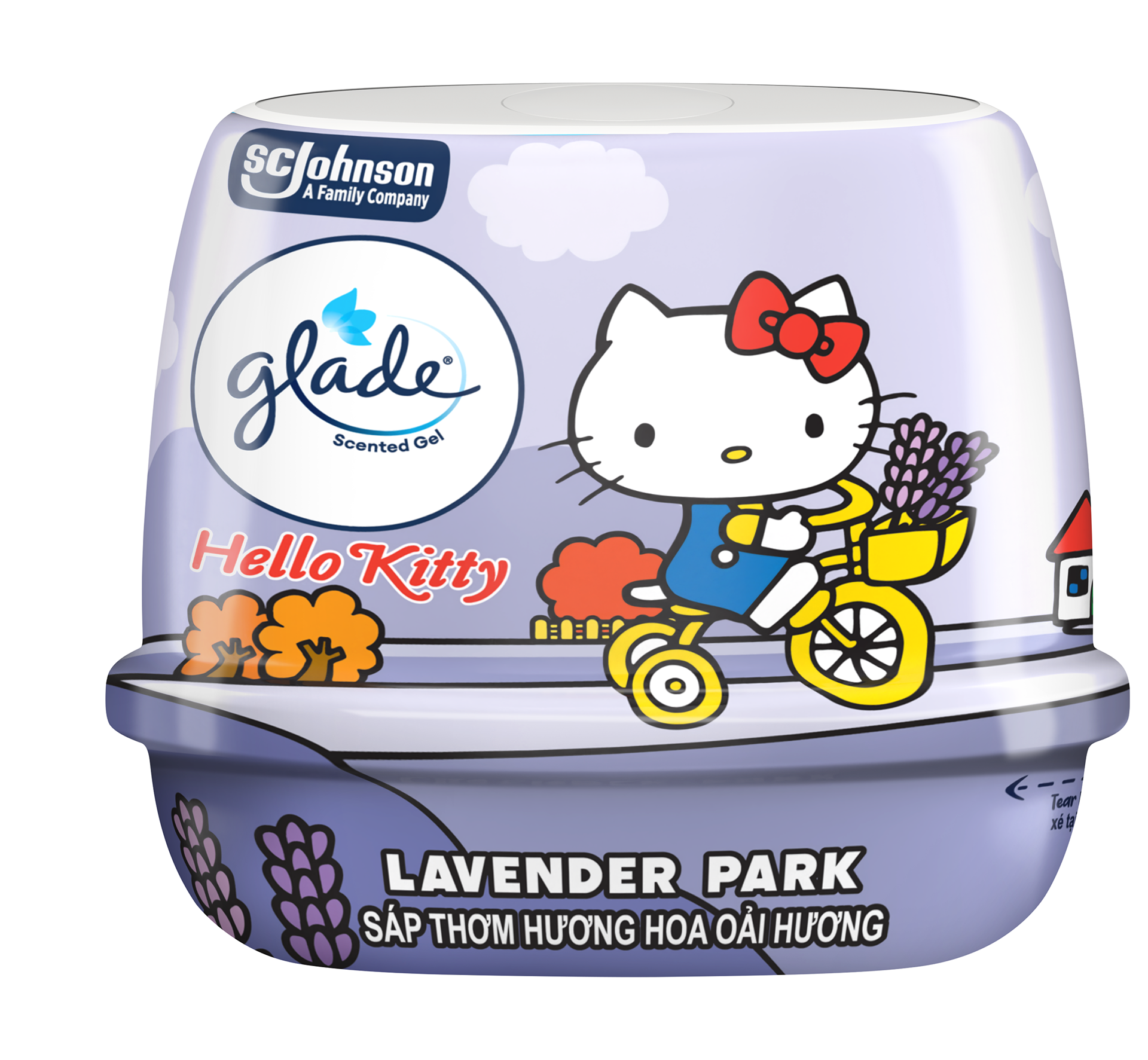 Lavender Park — fragrance translated into a scene, with Hello Kitty cycling through a soft purple lavender world.