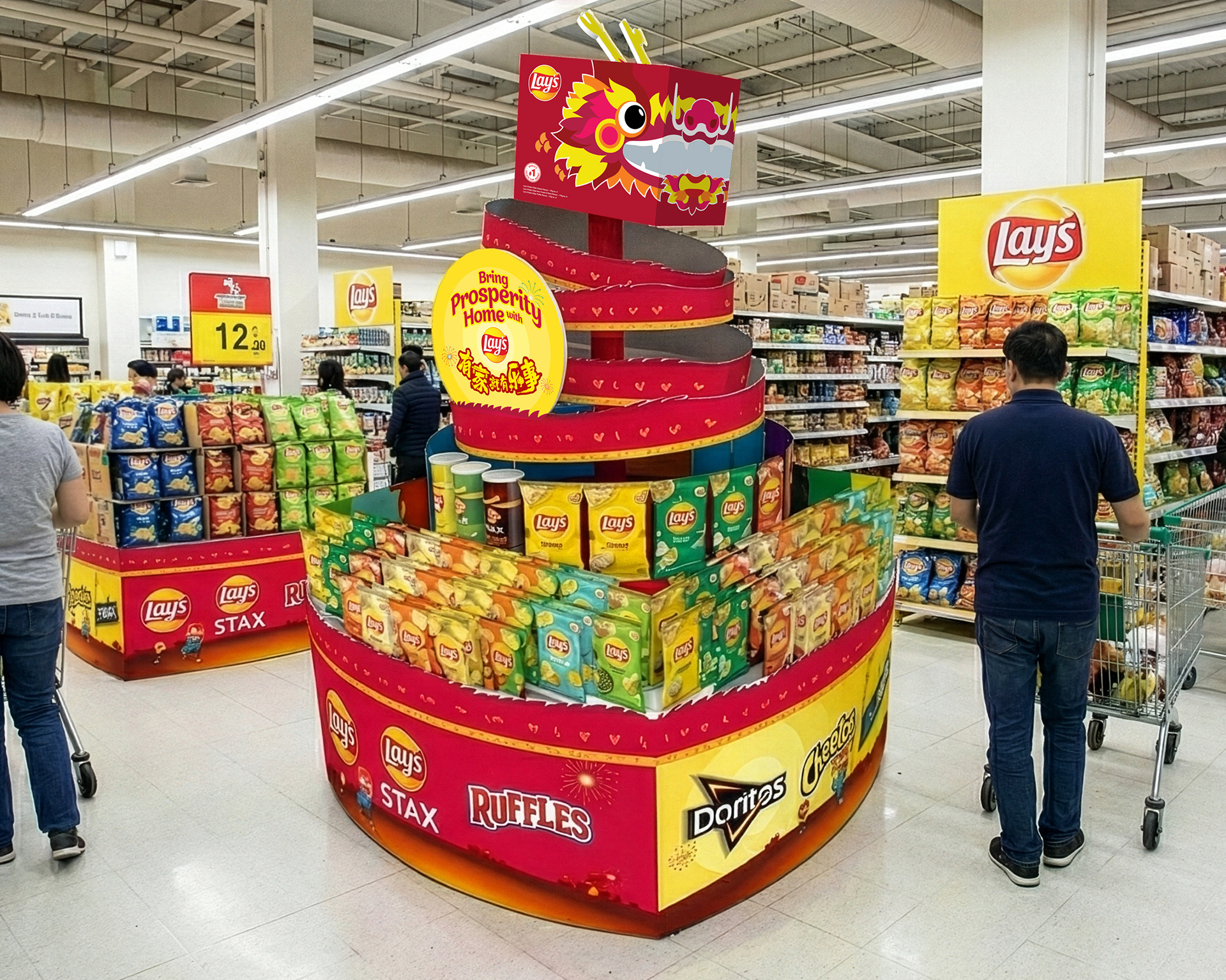 The campaign in context — a working supermarket aisle transformed into a festive destination.