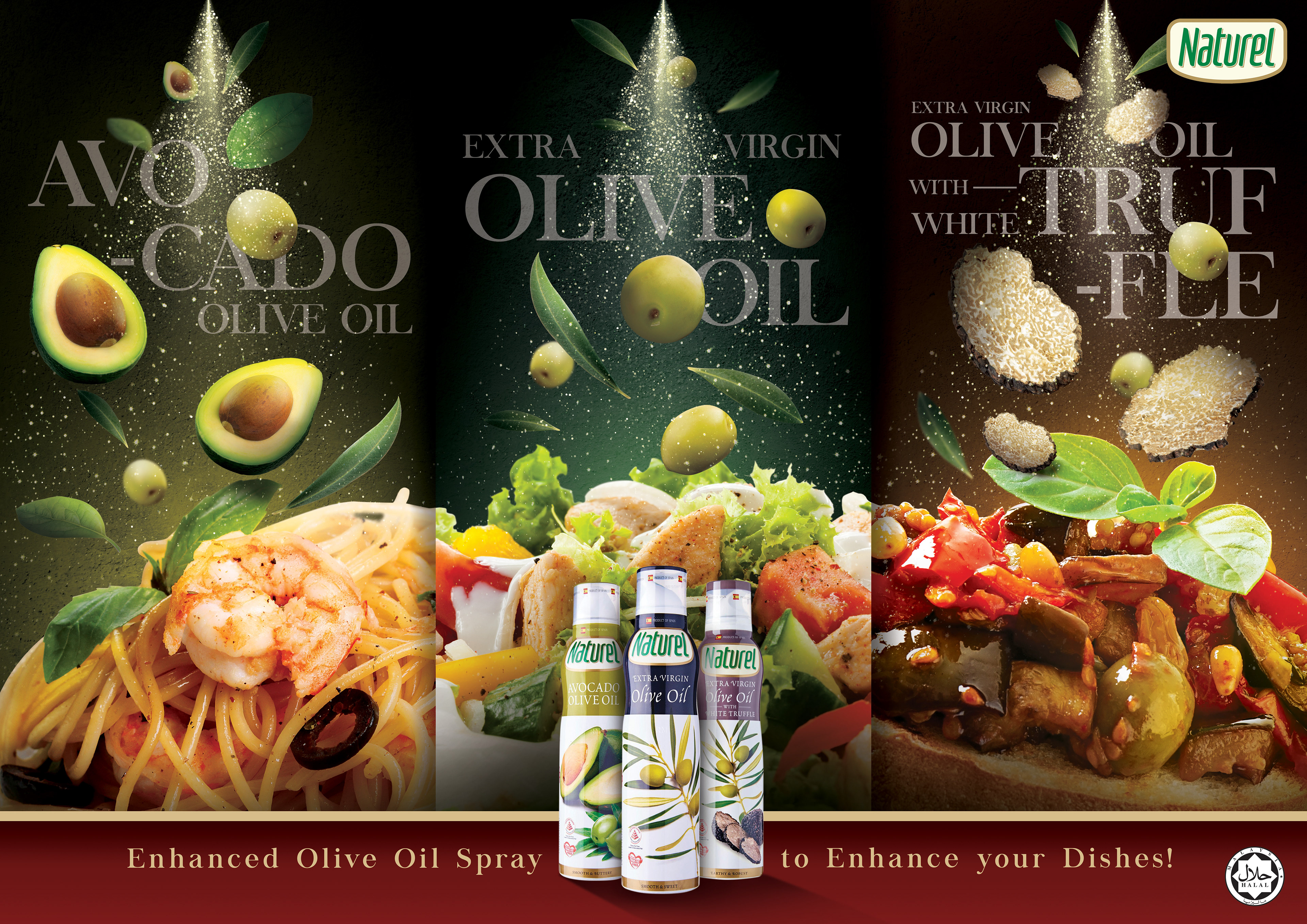 Naturel olive oil spray three-variant range lineup — premium FMCG visual system by Laugh Contagious creative agency