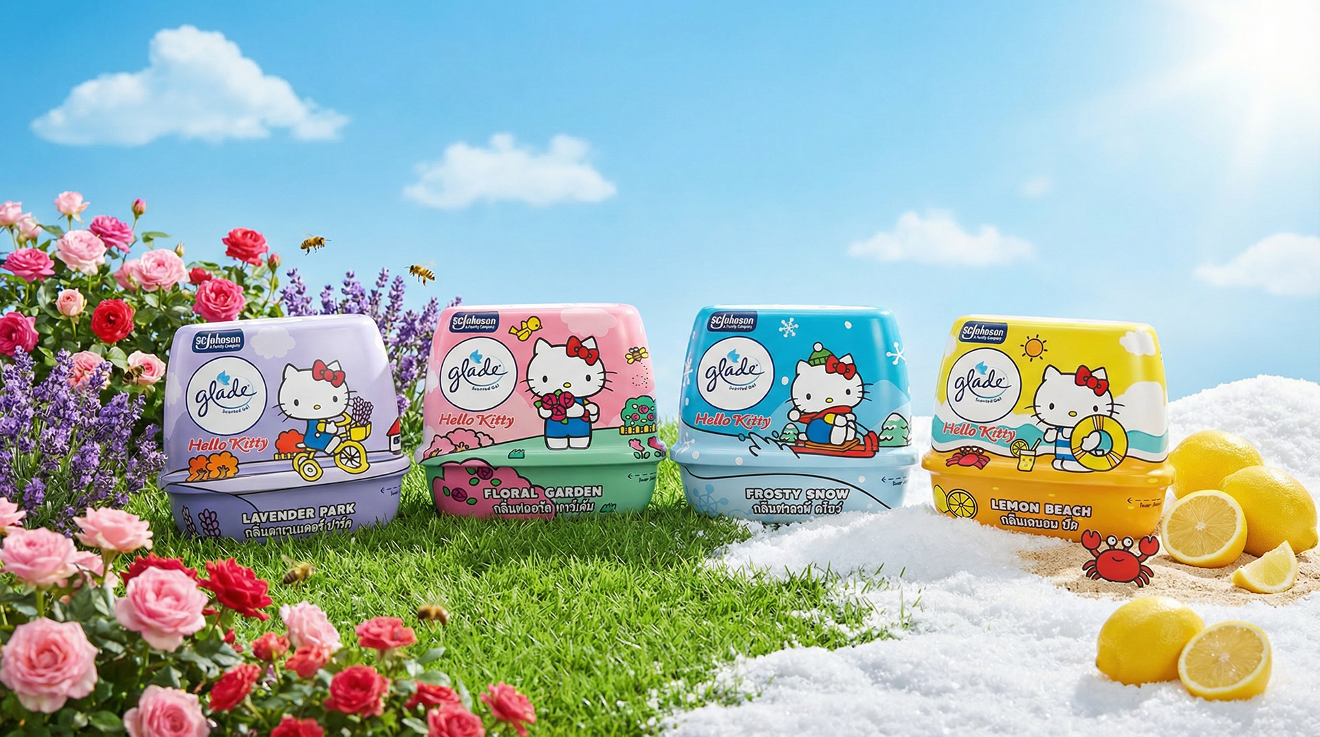 Glade x Hello Kitty Adventure Series limited edition packaging — travel-themed air care collection designed in Kuala Lumpur, Malaysia