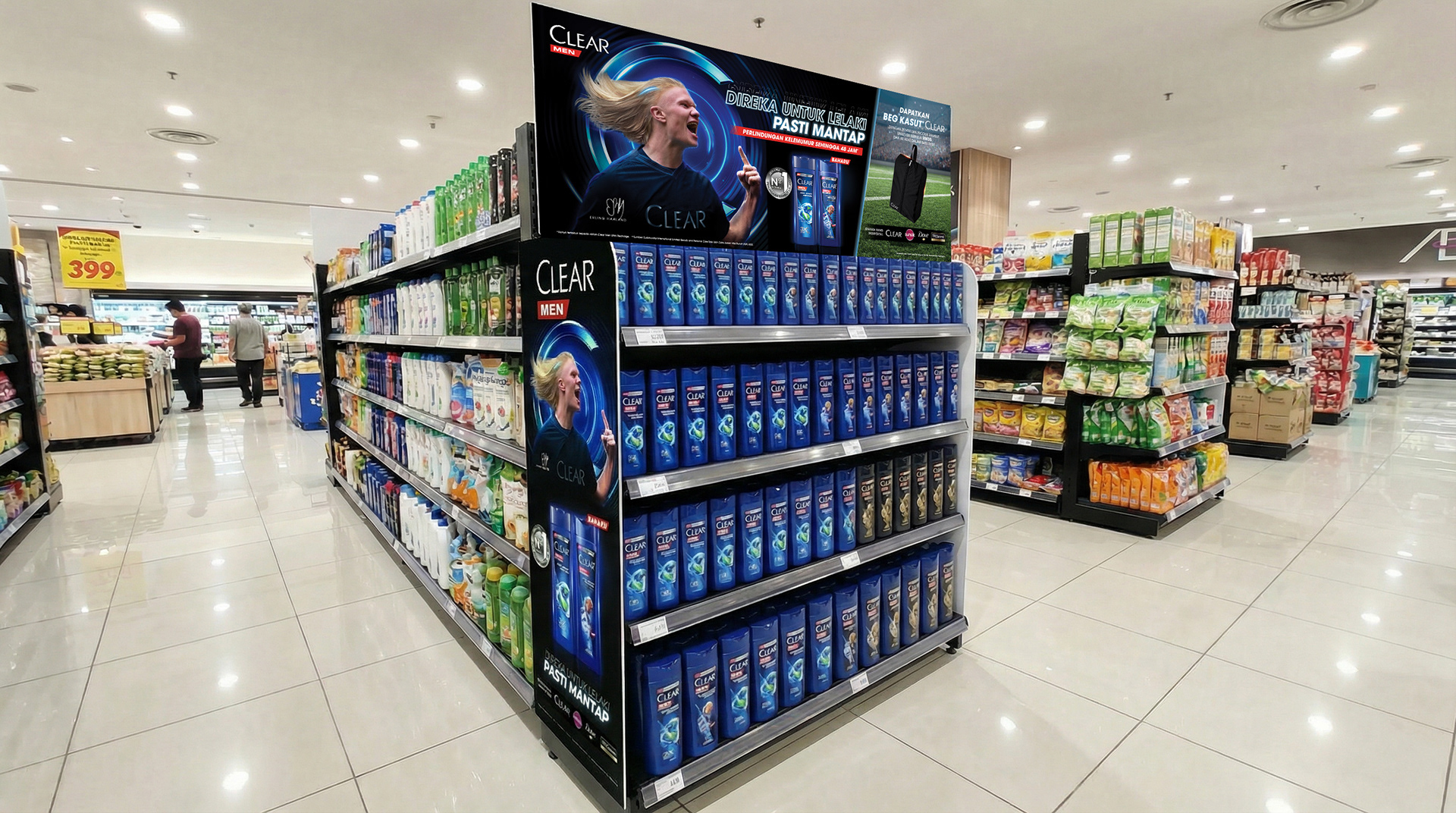 CLEAR Men x Haaland gondola end-cap design — football celebrity FMCG retail activation Malaysia