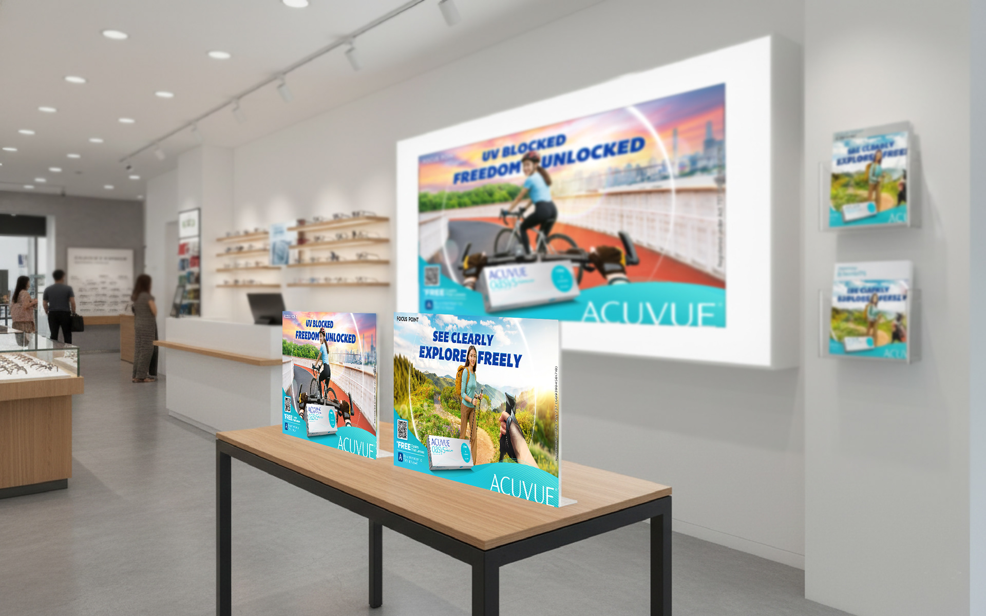 ACUVUE x Focus Point 2025 countertop POSM tent card — optical retail co-marketing by Laugh Contagious