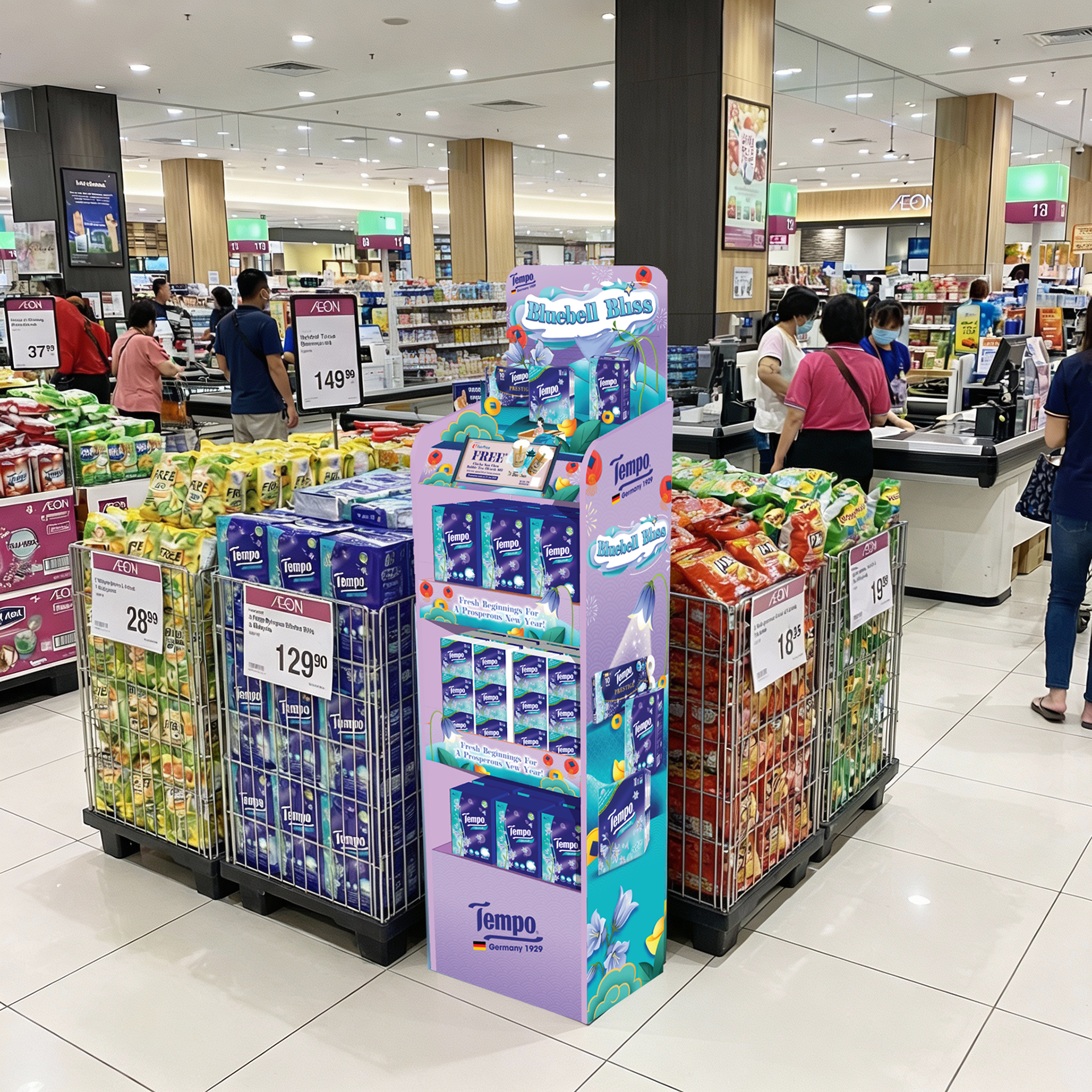 Tempo Bluebell Bliss standee deployed at AEON Singapore — premium festive FMCG retail activation by creative agency Kuala Lumpur
