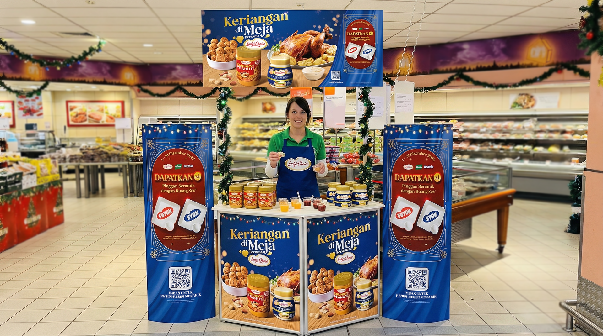 Lady's Choice Christmas 2025 in-store sampling booth design — festive shopper marketing by Laugh Contagious Malaysia