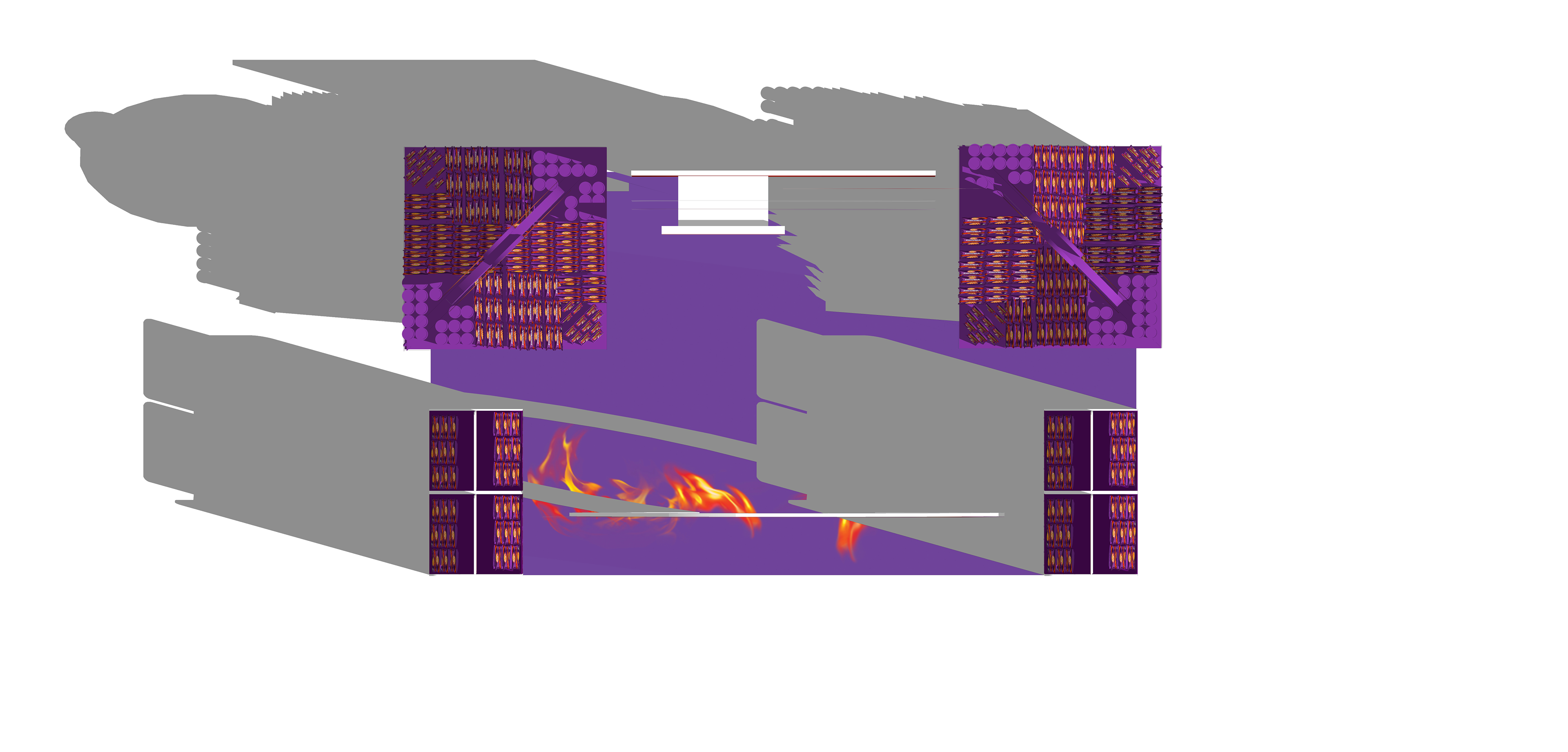 The overhead floor plan — activation footprint mapped: four product walls, central archway, fire feature, and a centre walkway for shopper flow.