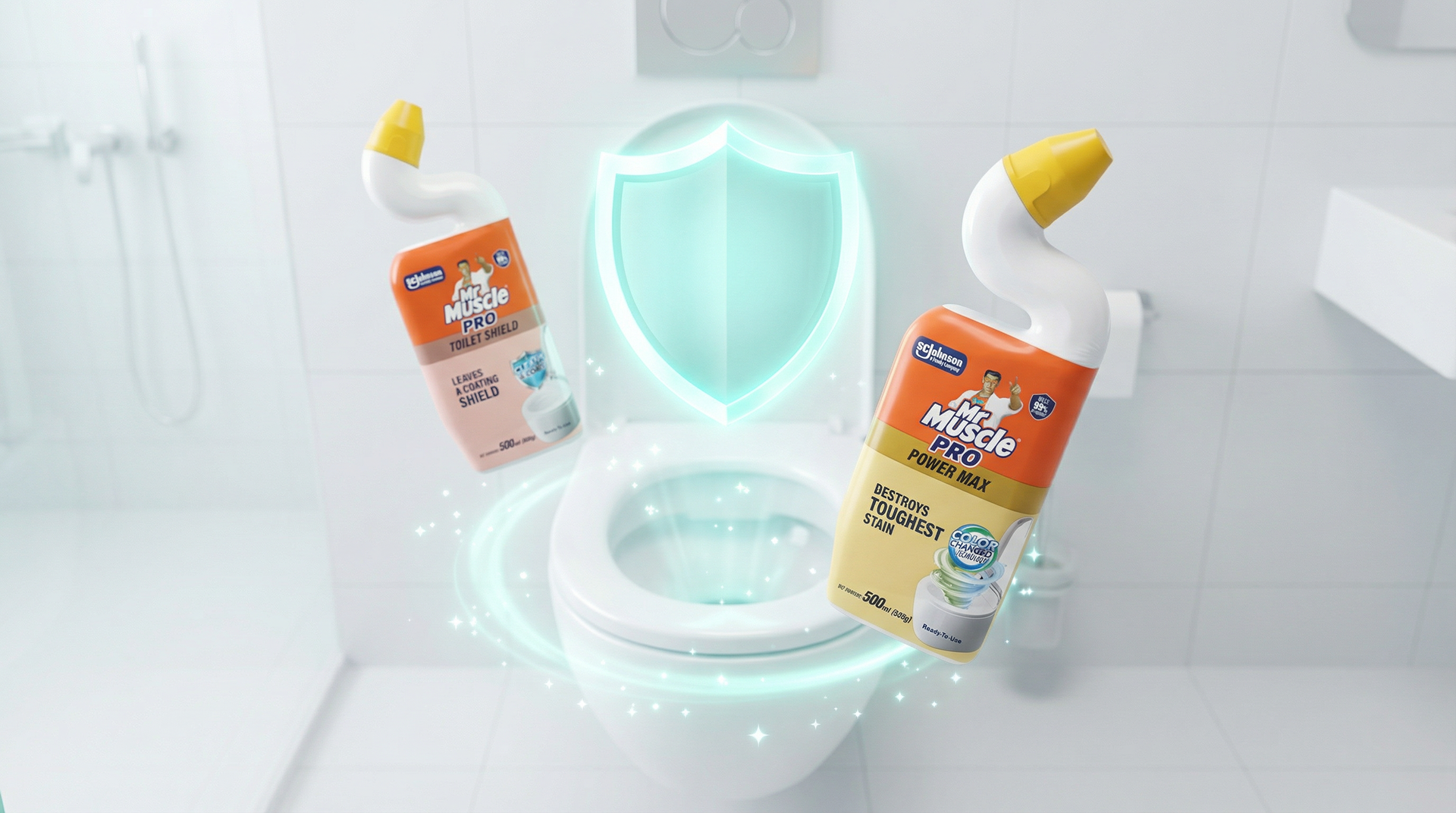 Mr Muscle PRO toilet bowl cleaners — Power Max and Toilet Shield angle-neck bottles floating beside a clean toilet with a glowing protective-shield graphic. SC Johnson performance home care packaging design.