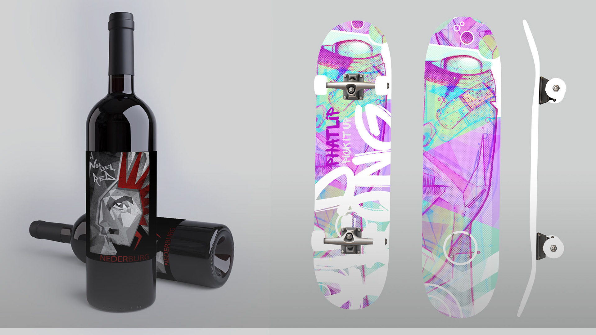 Product Mockups. Wine Label / Skateboard branding