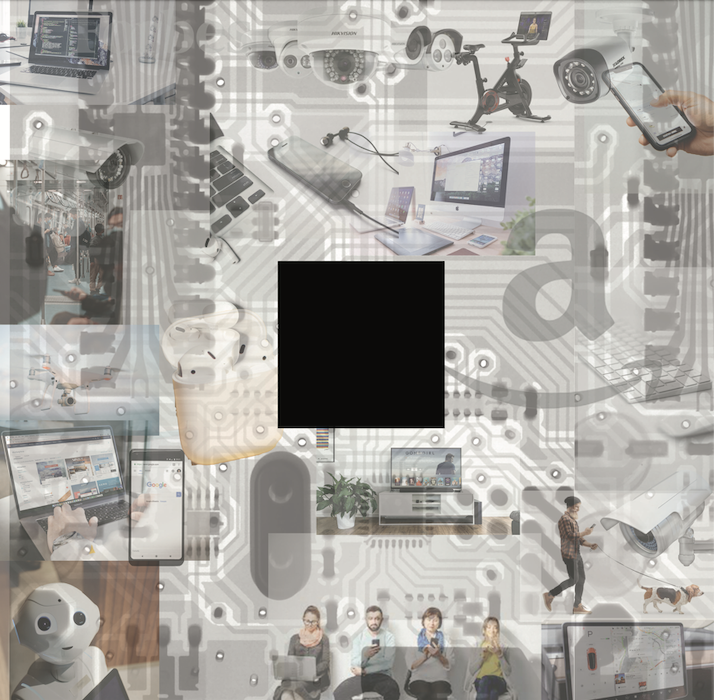 Digital collage highlighting consumerism and digital technology