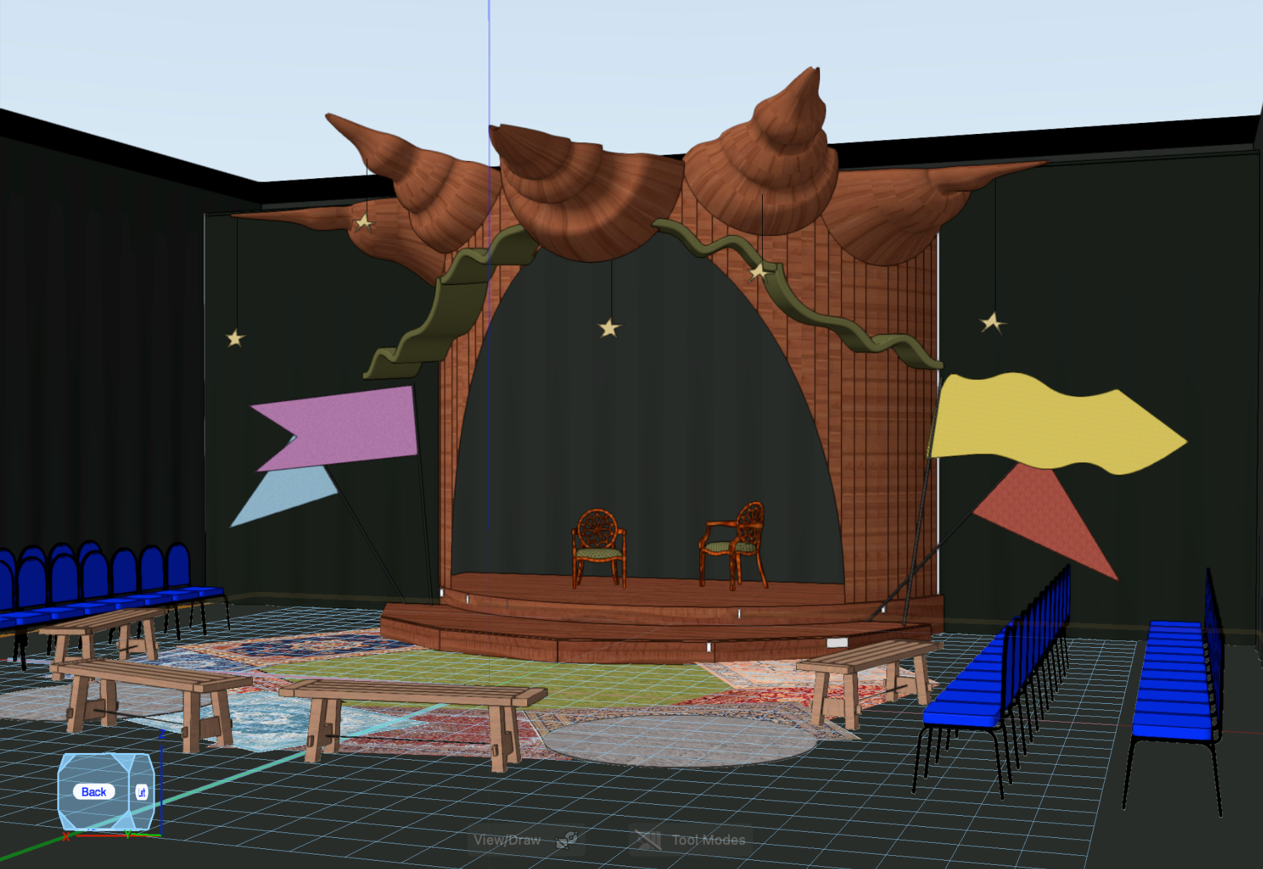 3D rendered model in Vectorworks with adapted tree opening and side curtain panels