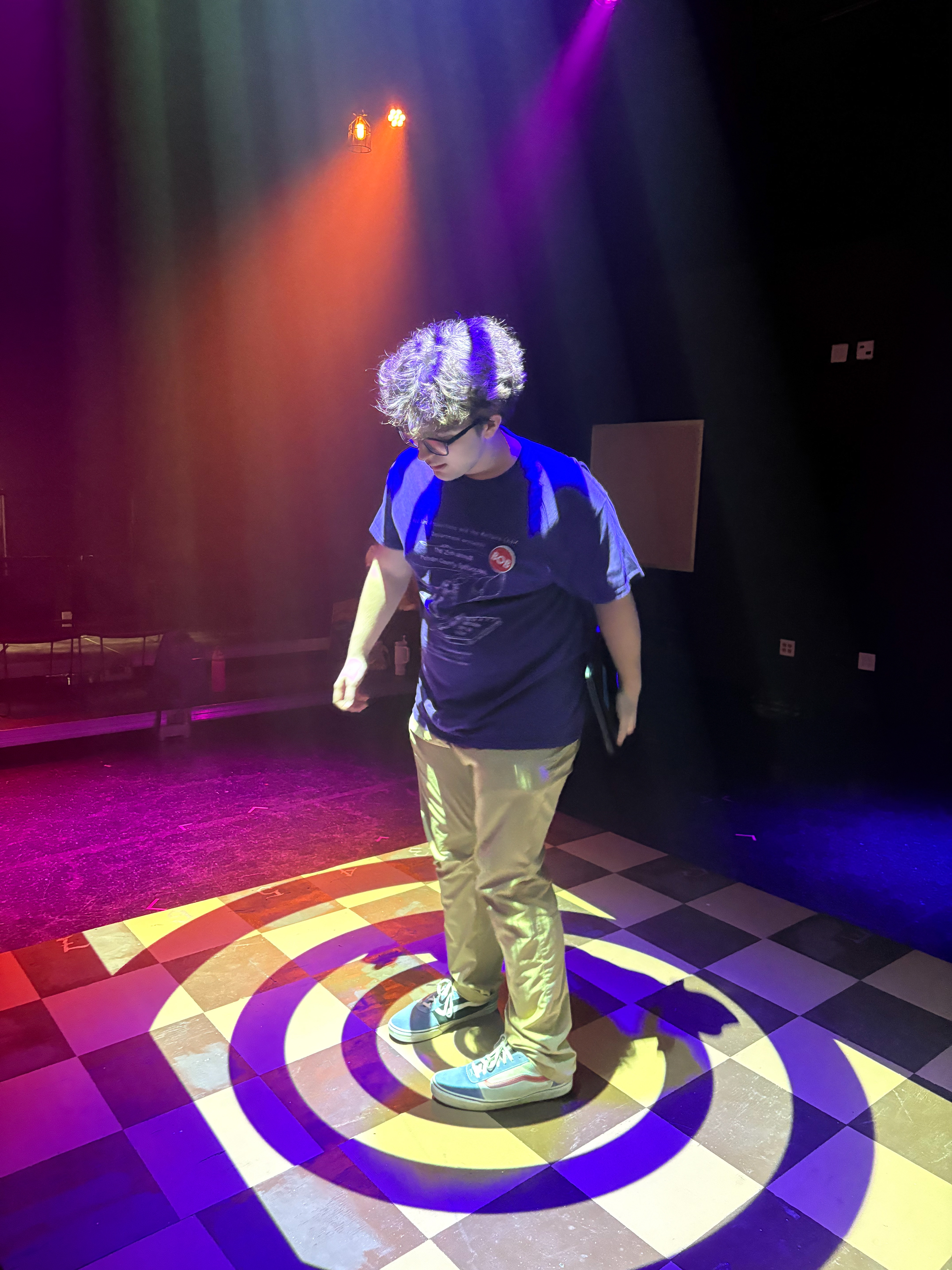 Projection mapping for Alice's descent. The platform mimics an old chess board