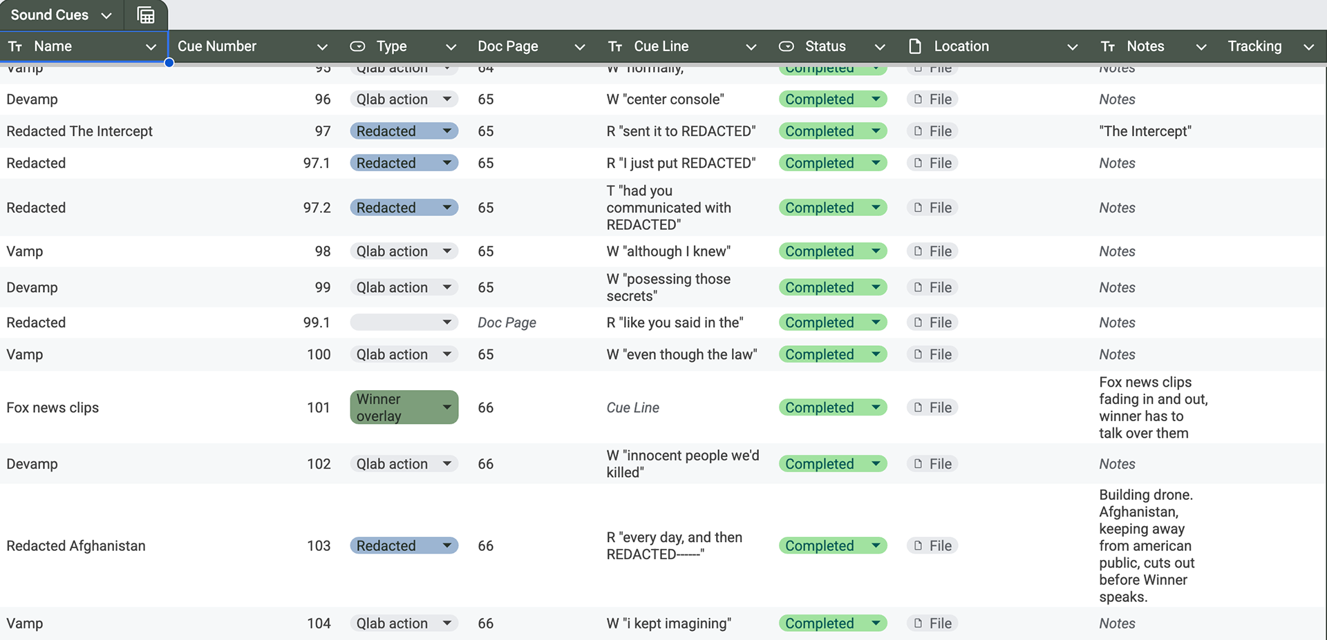 Sample section of cue sheet