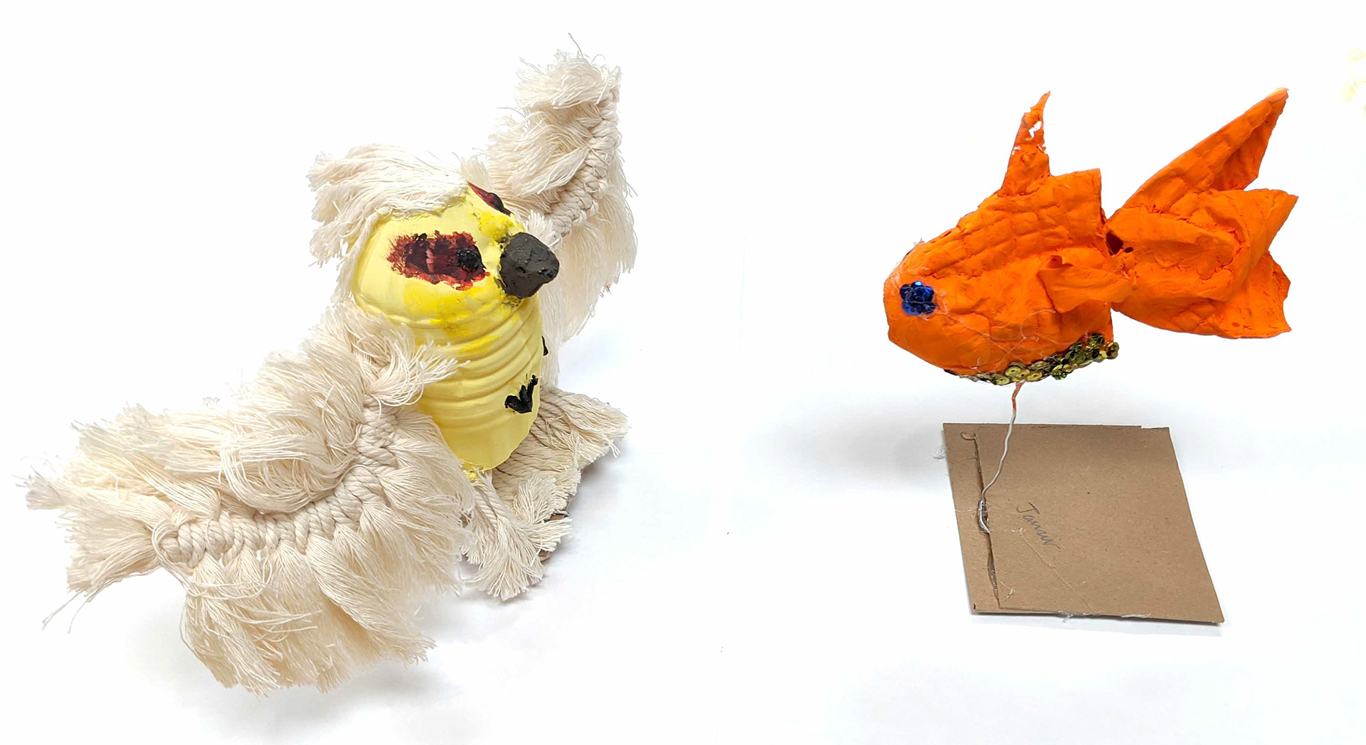 11th & 9th grade recycled material juxtaposition sculptures