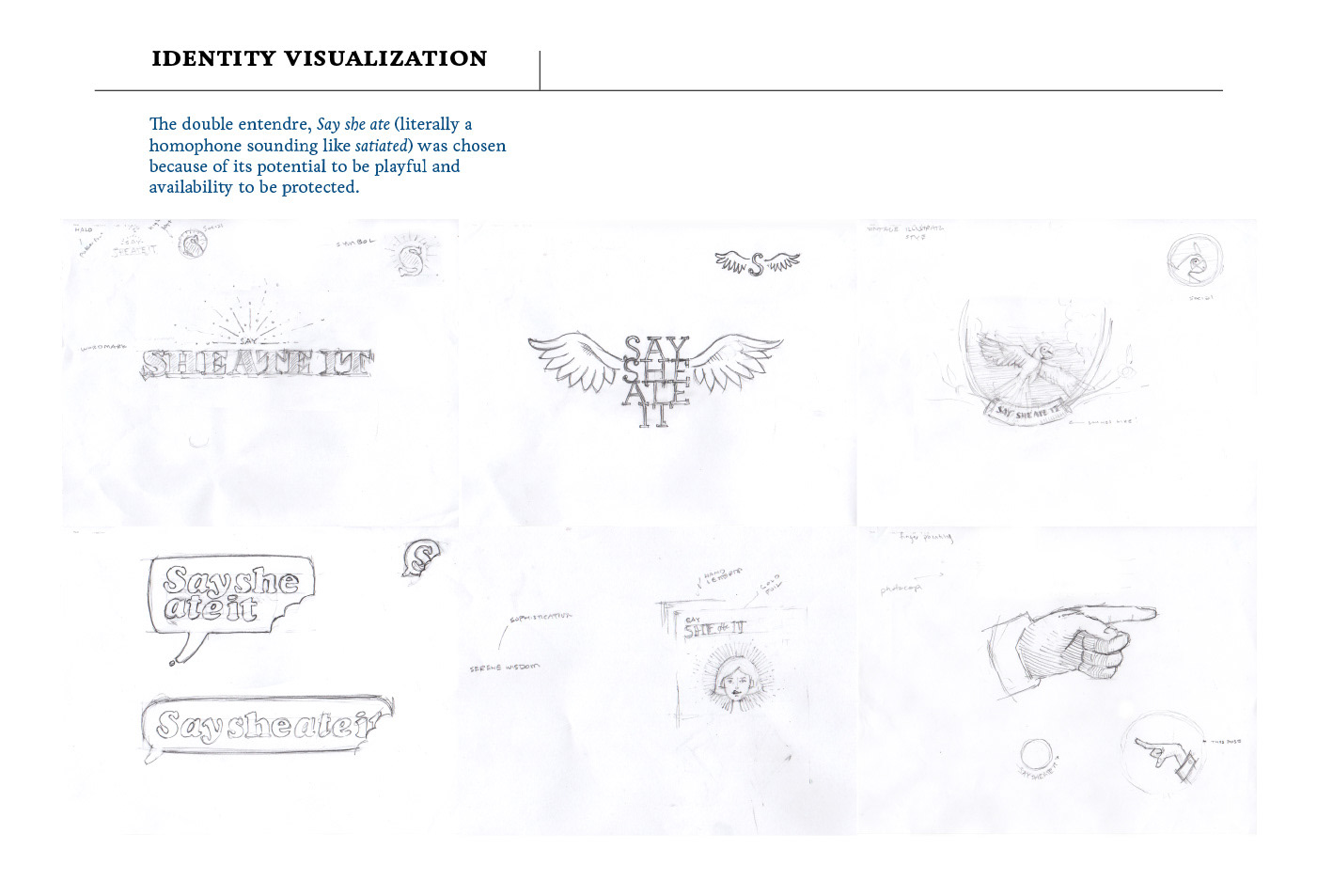 Identity Visualization. The double entendre, Say she ate (literally a homophone sounding like satiated) was chosen because of its potential to be playful and availability to be protected. Sketches of early concepts. 