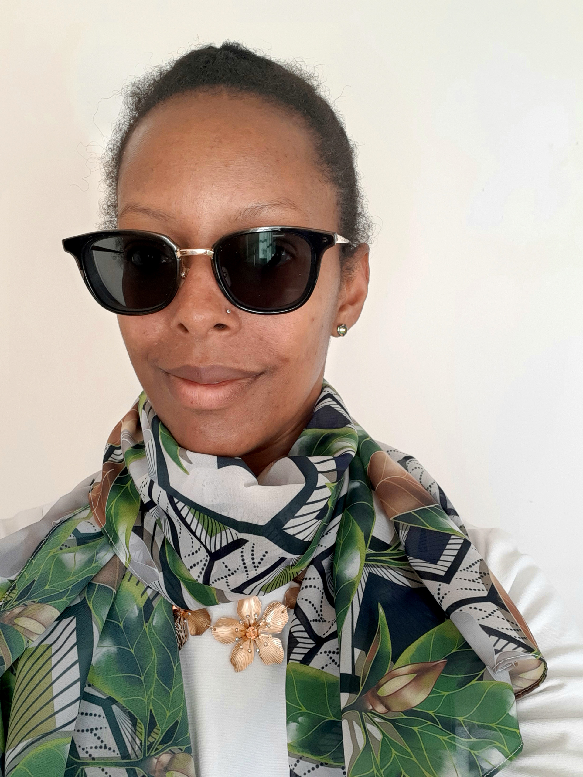 Extra wide Deep South Ankara (Natural) scarf paired with a 19" necklace