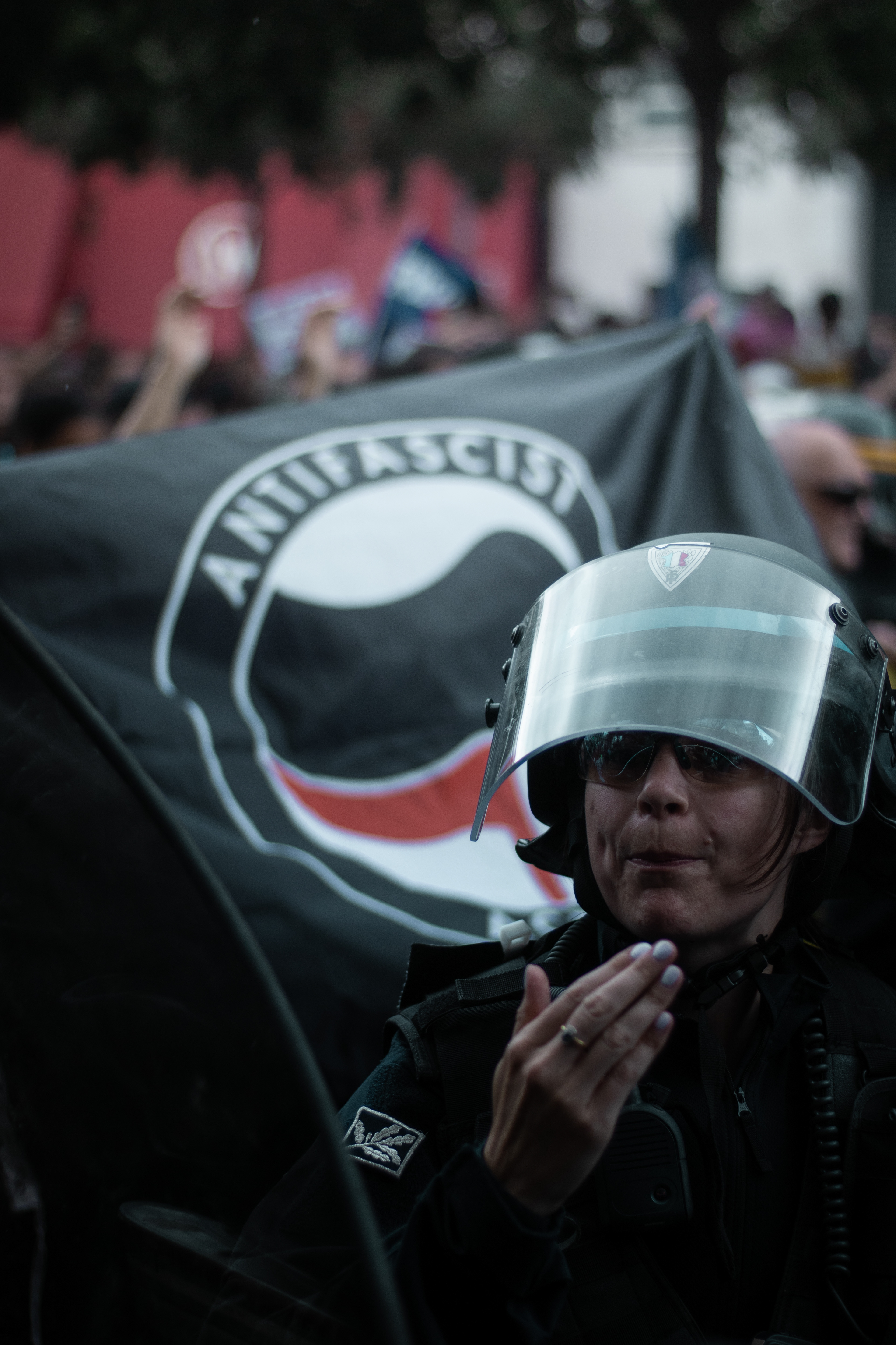 On y retrouve, comme à l'accoutumée, de nombreux drapeaux, notamment ceux d'Antifascist Action
